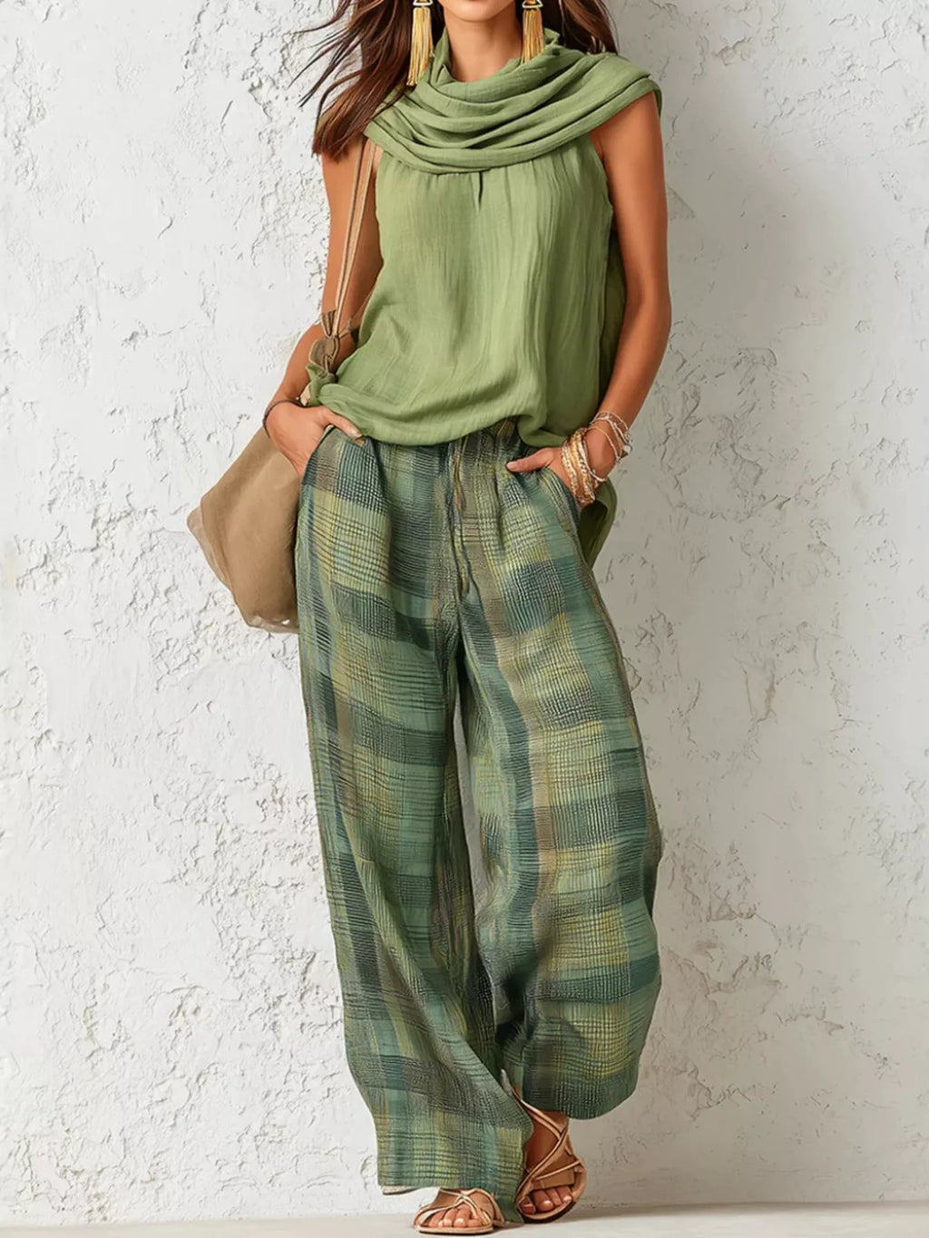 Sleeveless Cowl Neck Top and Plaid Wide-Leg Pant Set - Lilixa.store