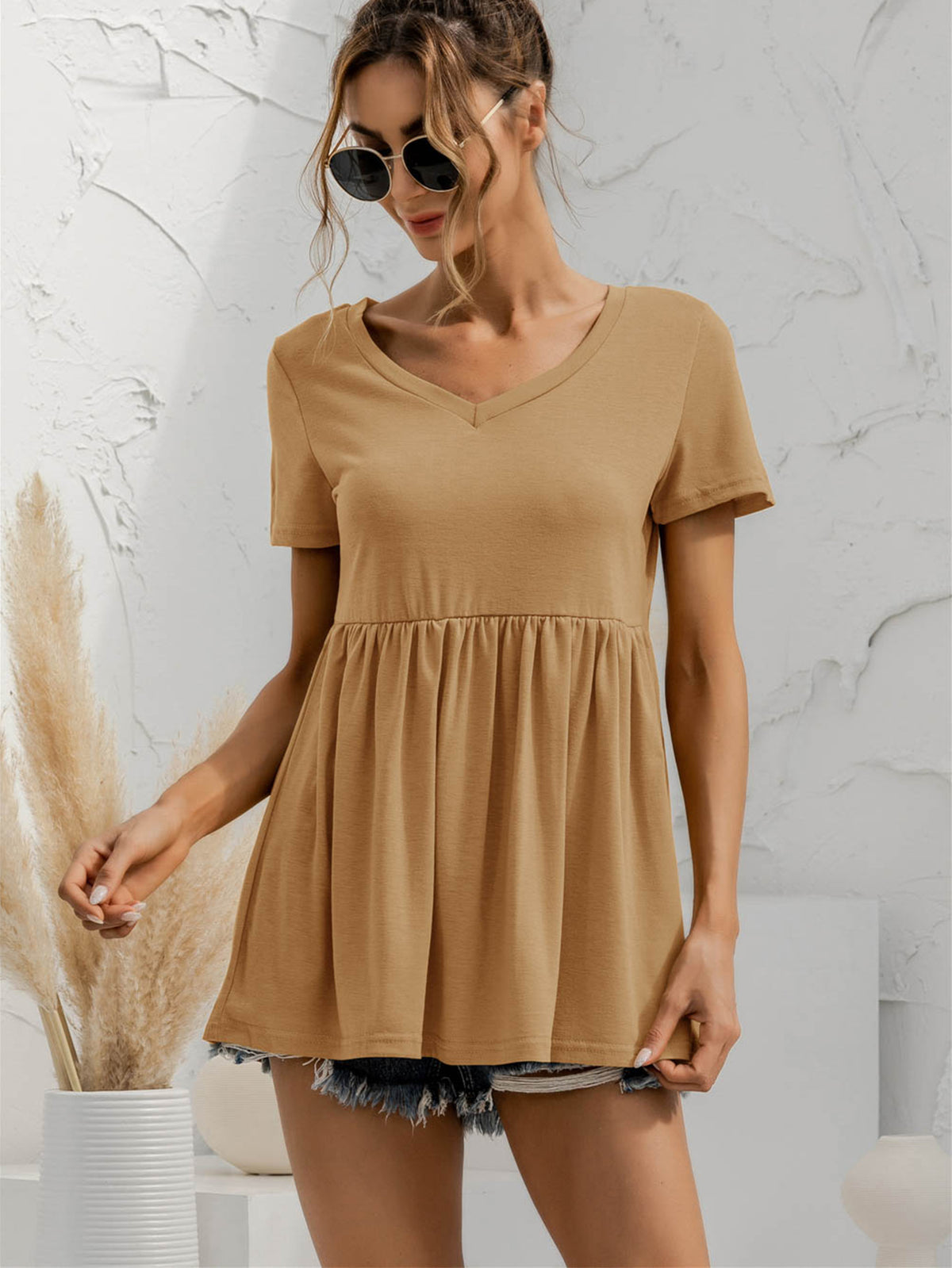 V-Neck Short Sleeve Babydoll Top, view 2