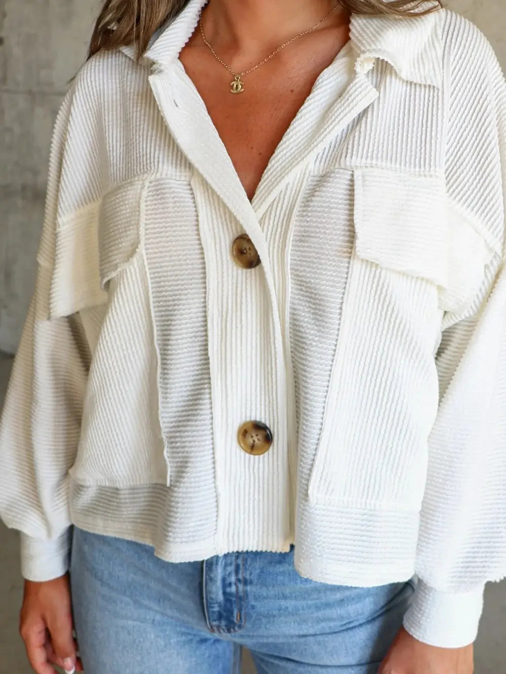 Ribbed Collared Neck Button Up Jacket in White