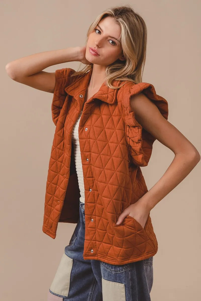 BiBi Quilting Knit Ruffle Sleeve Vest in Rust, view 7