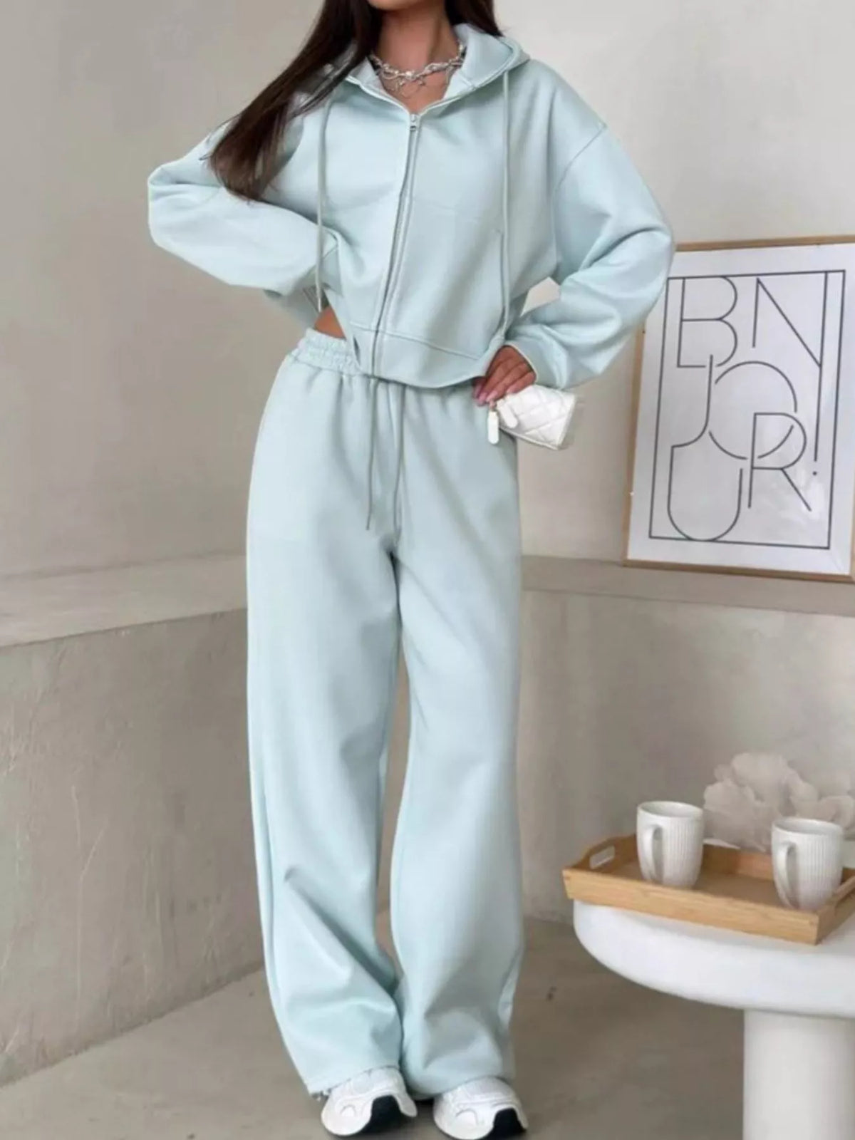 Zip-Up Hoodie and Wide-Leg Pants Set - Lilixa.store