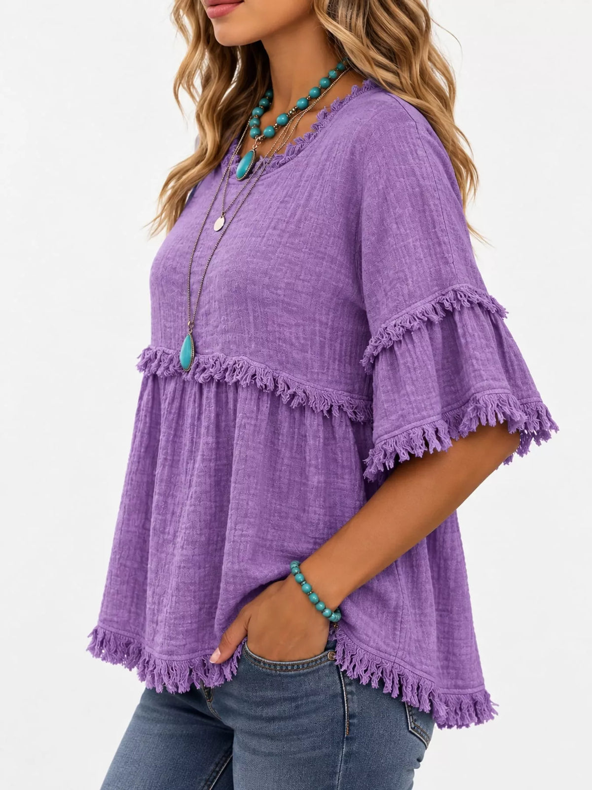 Full Size Frayed Edge Textured Blouse Plus Size, view 8