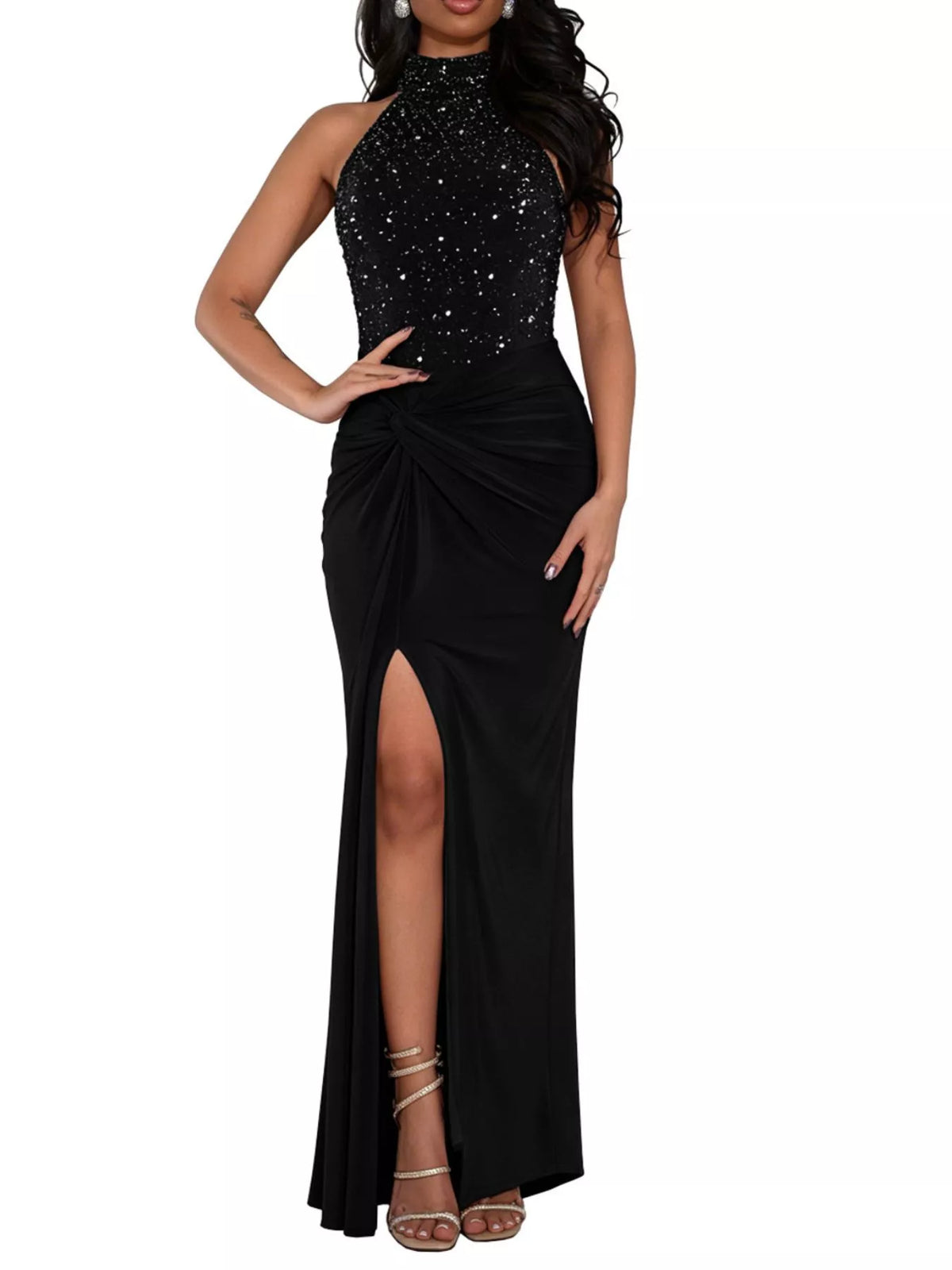 Slit Rhinestone Sleeveless Maxi Dress - Lilixa.store