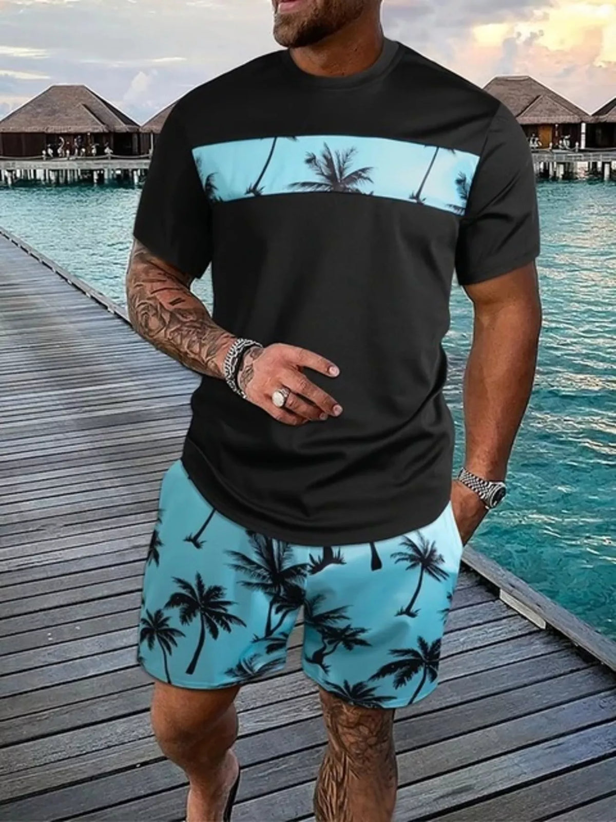 Men's Full Size Tropical Palm Tree Tee and Shorts Set Plus Size - Lilixa.store