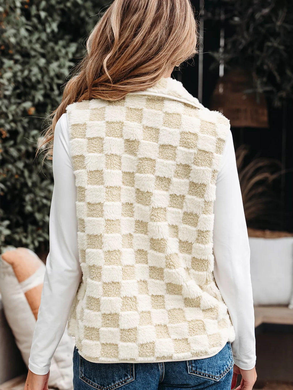 Sherpa Checkerboard Snap Button Vest Coat with Pocket - Lilixa.store