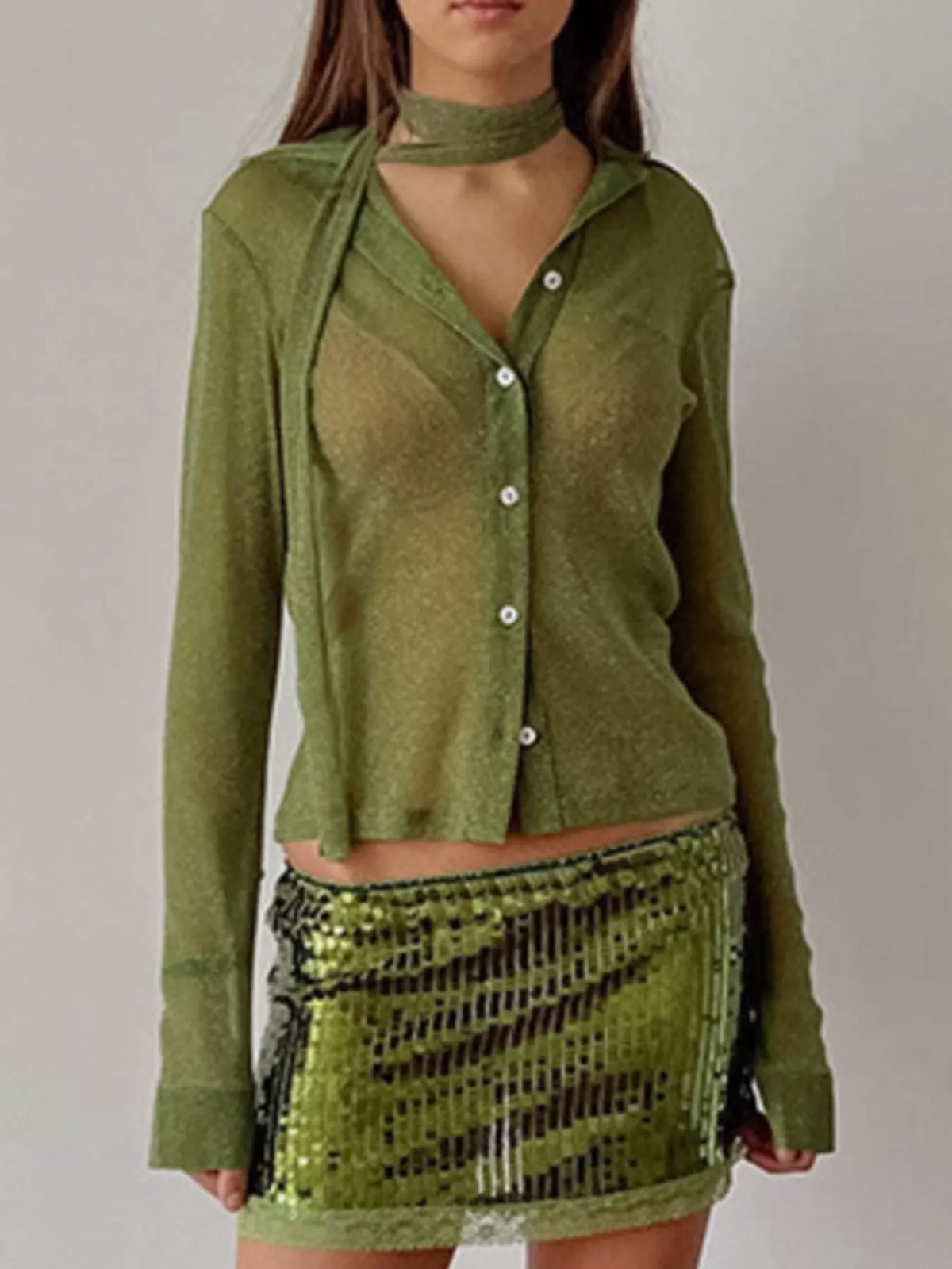 Button Down Long Sleeve Shirt with Scarf