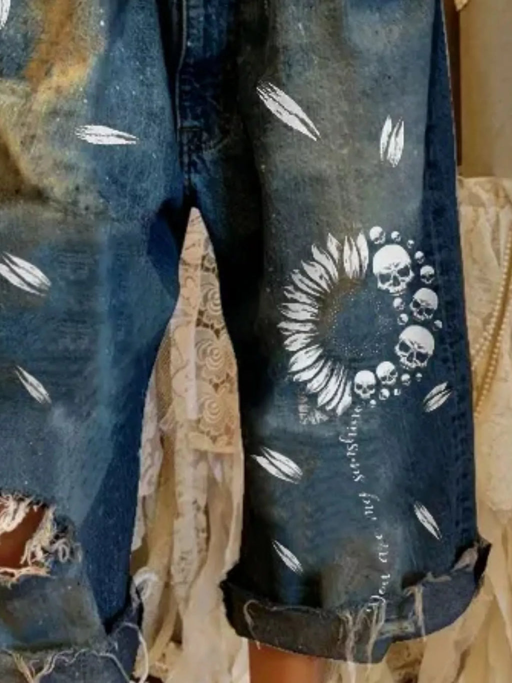 Full Size Distressed Skull Print Jeans Plus Size - Lilixa.store