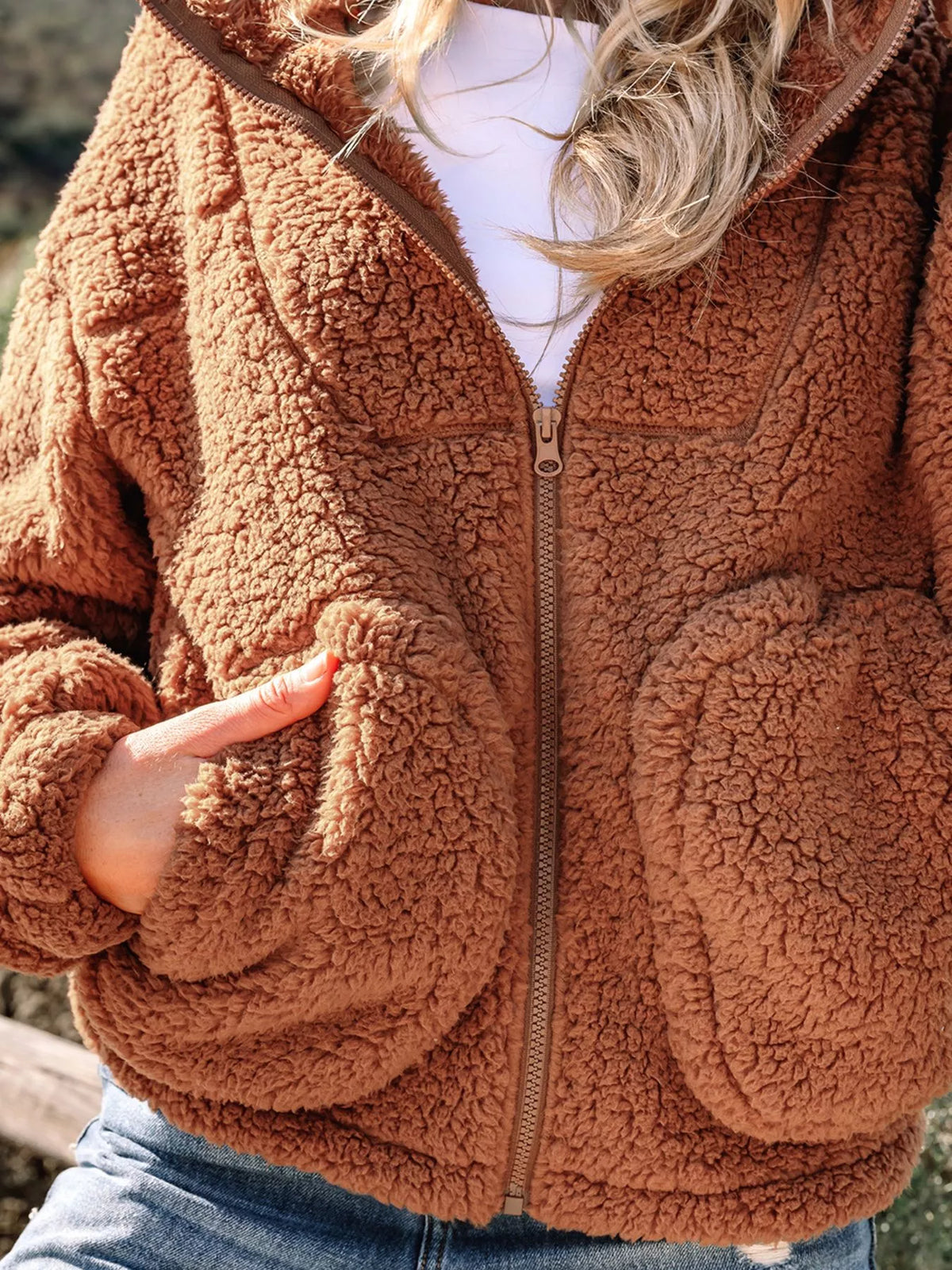 Zip Up Hooded Sherpa Jacket in Caramel, view 7