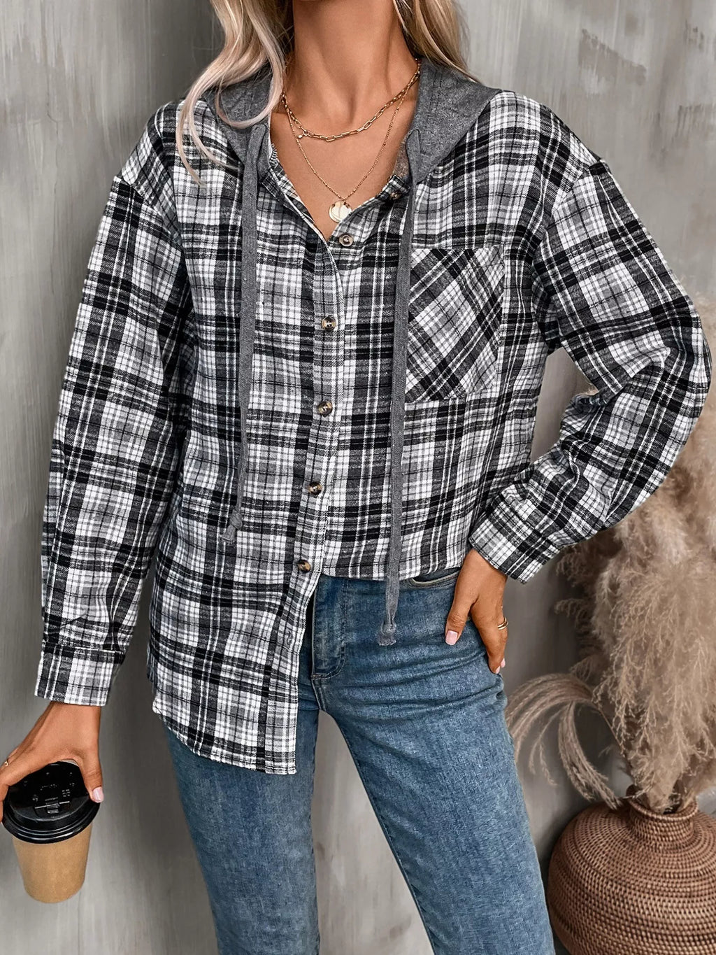 Plaid Button-Up Hooded Shirt with Chest Pocket - Lilixa.store