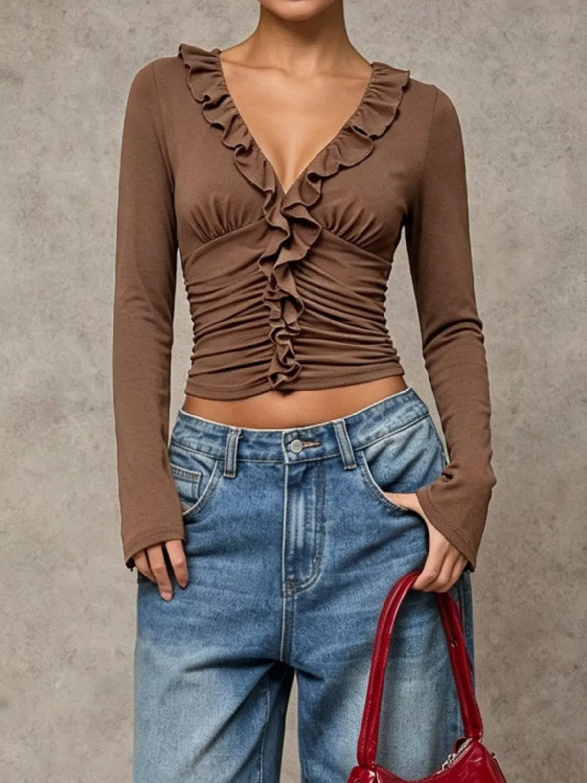V-Neck Ruffle Trim Ruched Long Sleeve Slim Fit Top