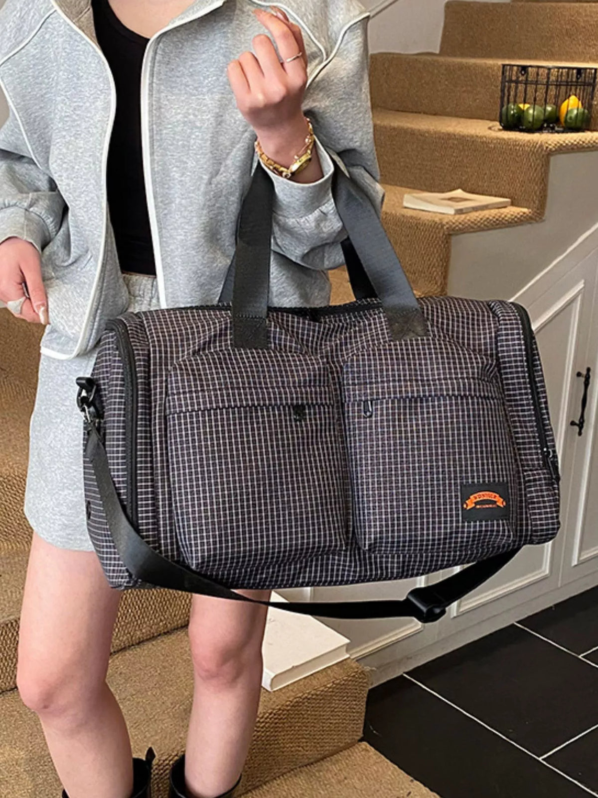 Plaid Duffel Bag with Multiple Pockets - Lilixa.store