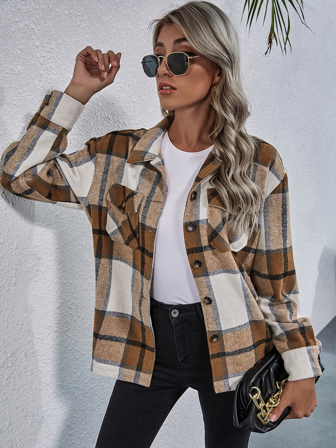 Plaid Button Down Collared Jacket in Caramel