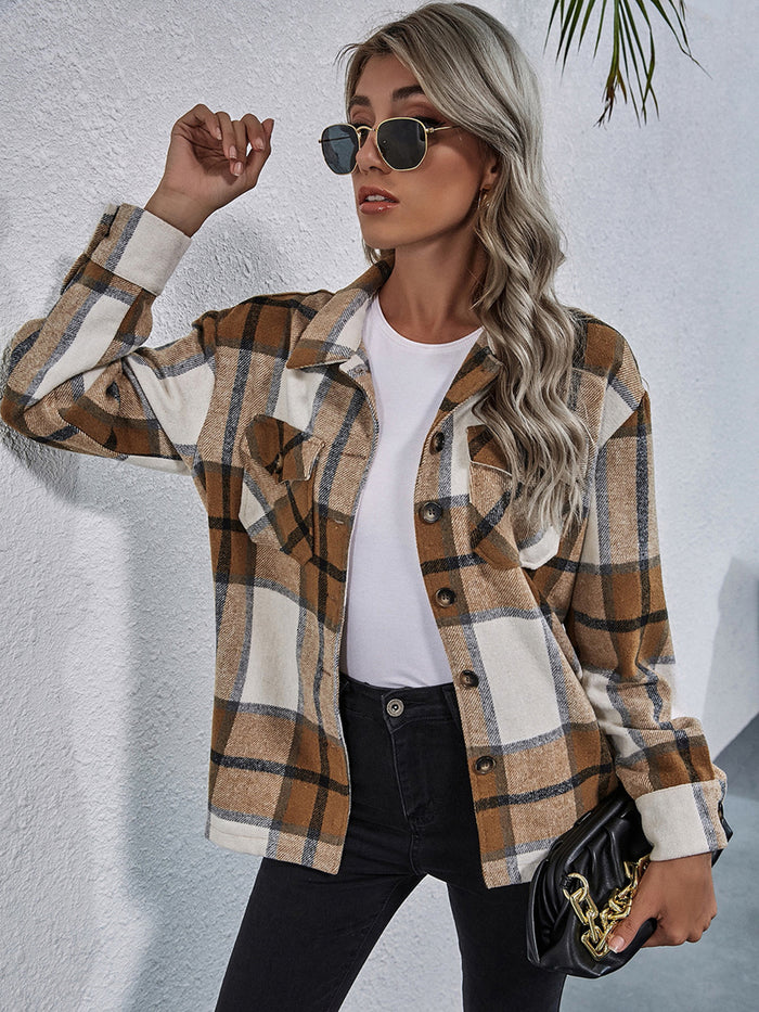 Plaid Button Down Collared Jacket in Caramel