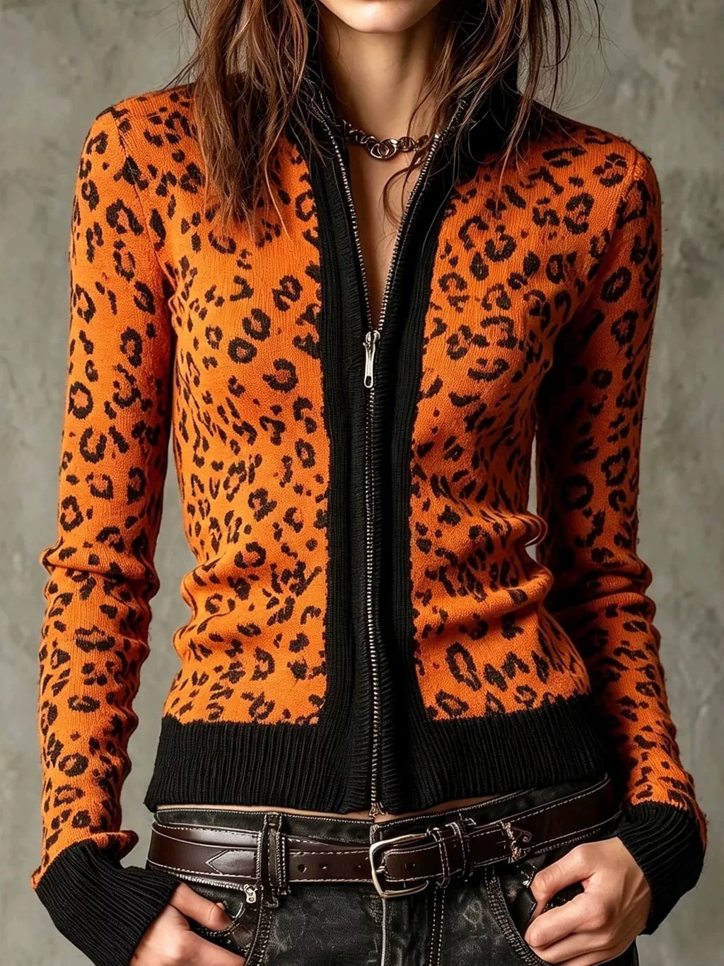 Leopard Zip-Up Knit Cardigan - Lilixa.store