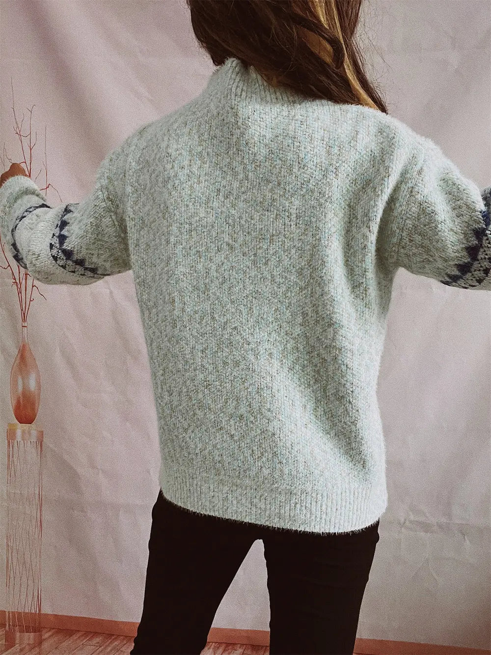 Geometric Mock Neck Dropped Shoulder Sweater, view 8