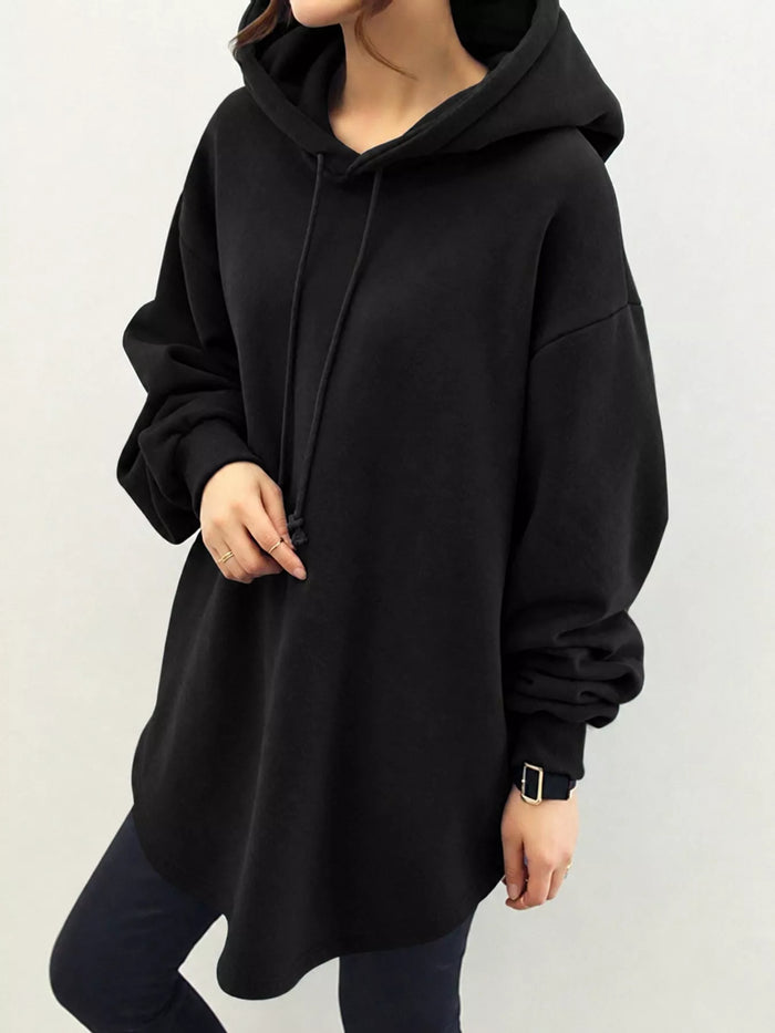 Full Size Drawstring Dropped Shoulder Hoodie Plus Size in Black