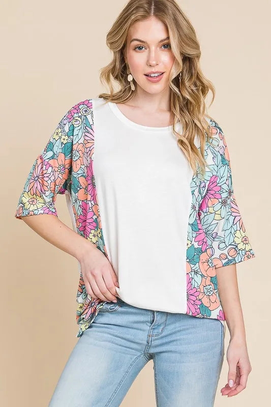 BOMBOM Floral Round Neck Half Sleeve T-Shirt - Lilixa.store