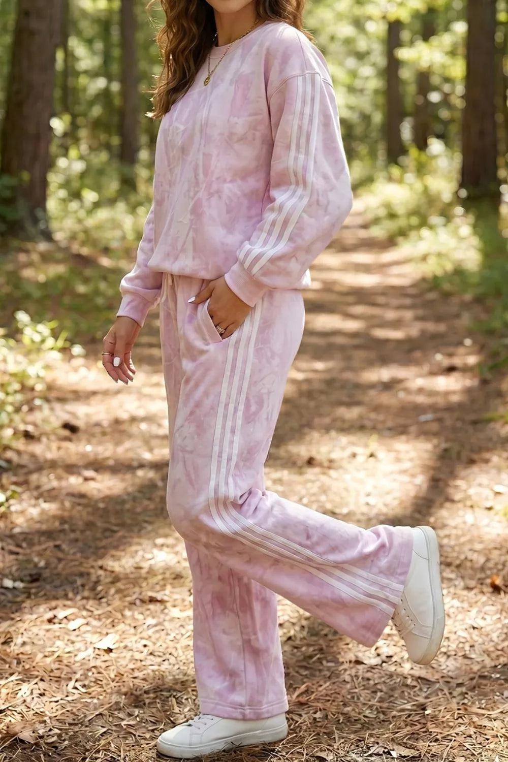 Abstract Print Side Stripe Detail Long Sleeve Top Loose Pants Set in Dusty Pink, view 4