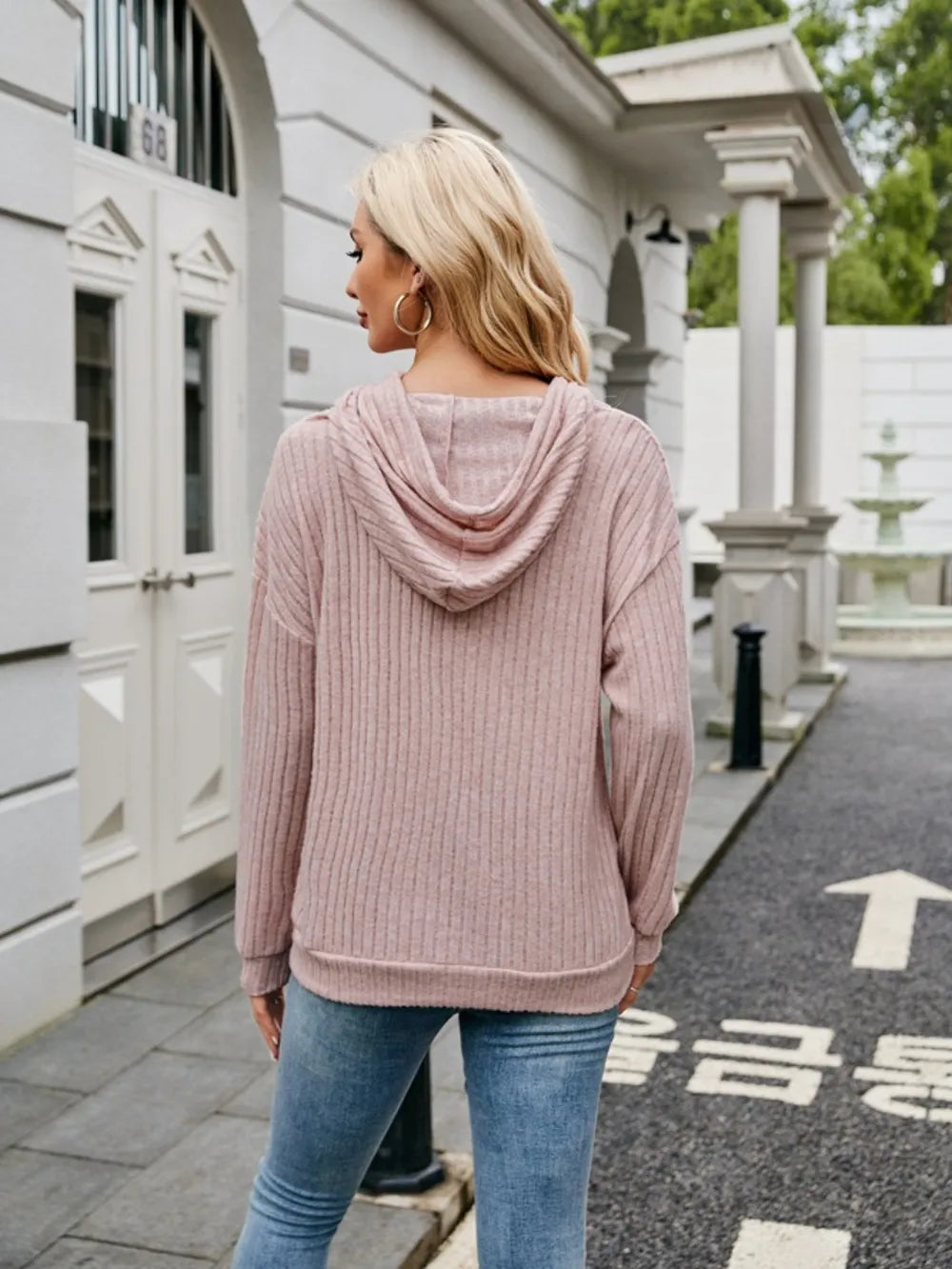 Ribbed Drawstring Long Sleeve Hoodie - Lilixa.store
