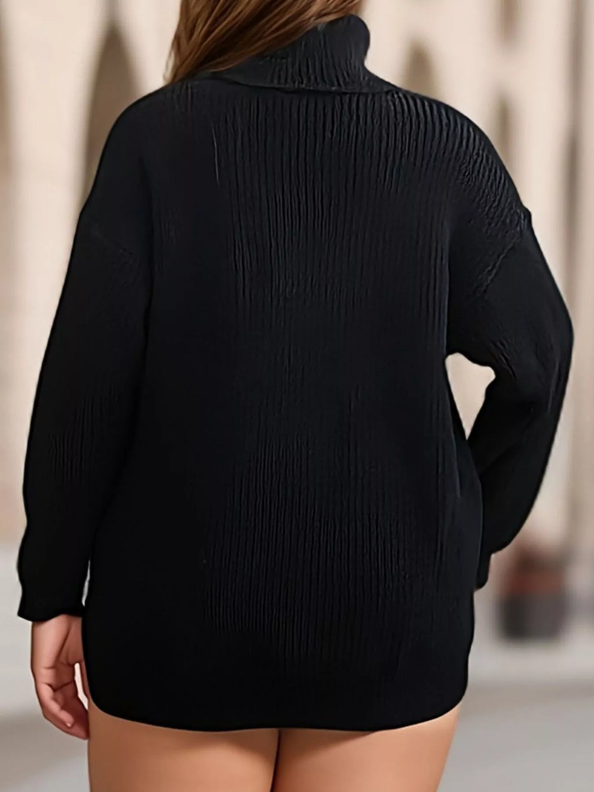 Plus Size Side Slit Ribbed Turtleneck Sweater