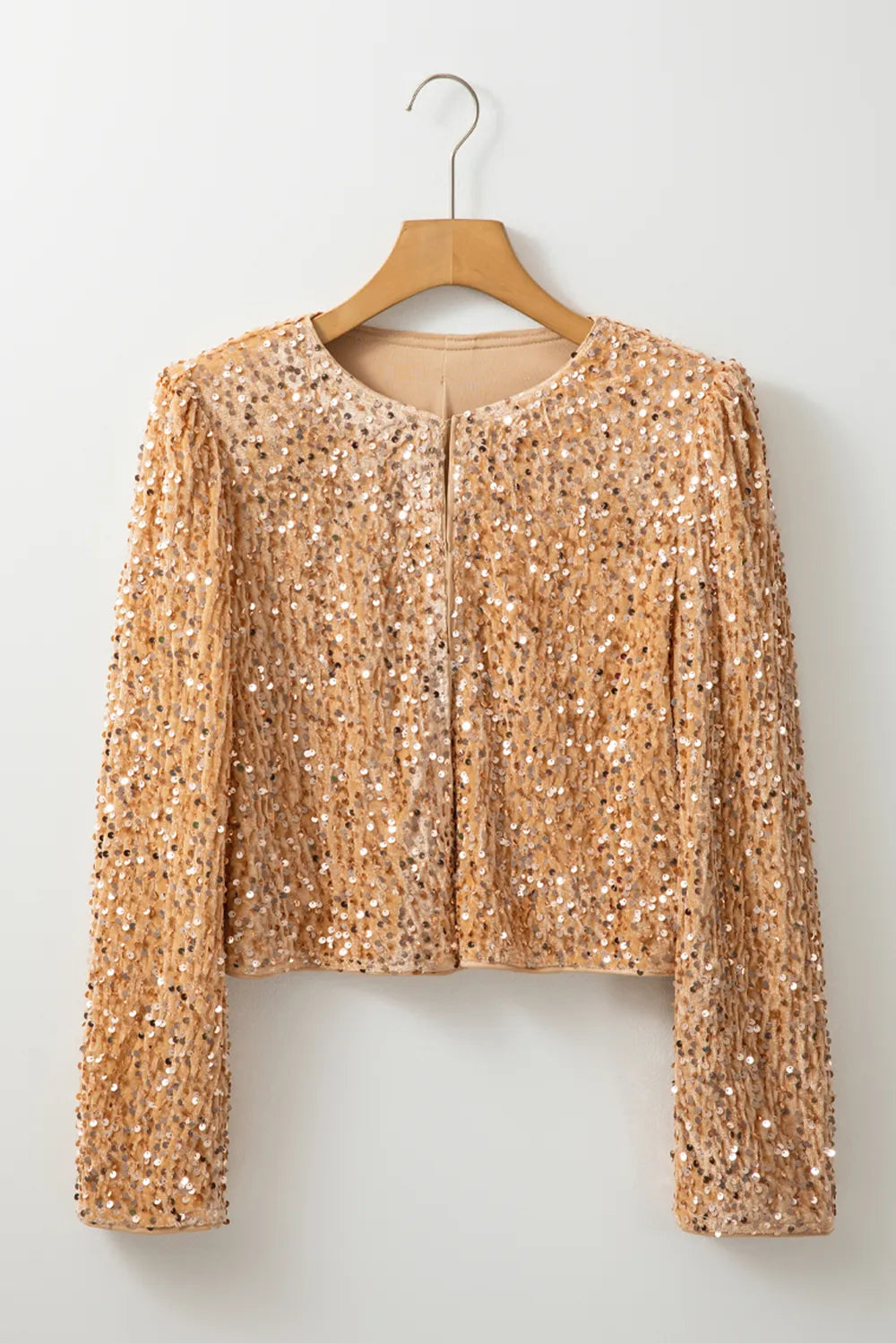 Sequin Open Front Long Sleeve Jacket in Tan
