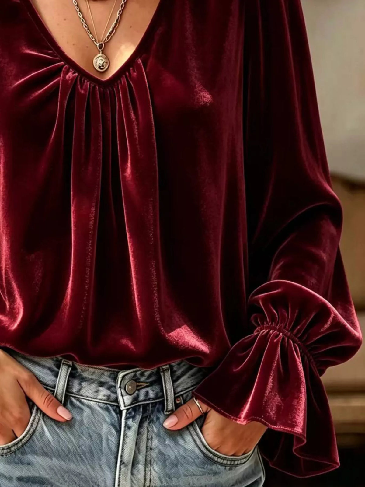 Full Size Ruched V-Neck Flounce Sleeve Blouse Plus Size