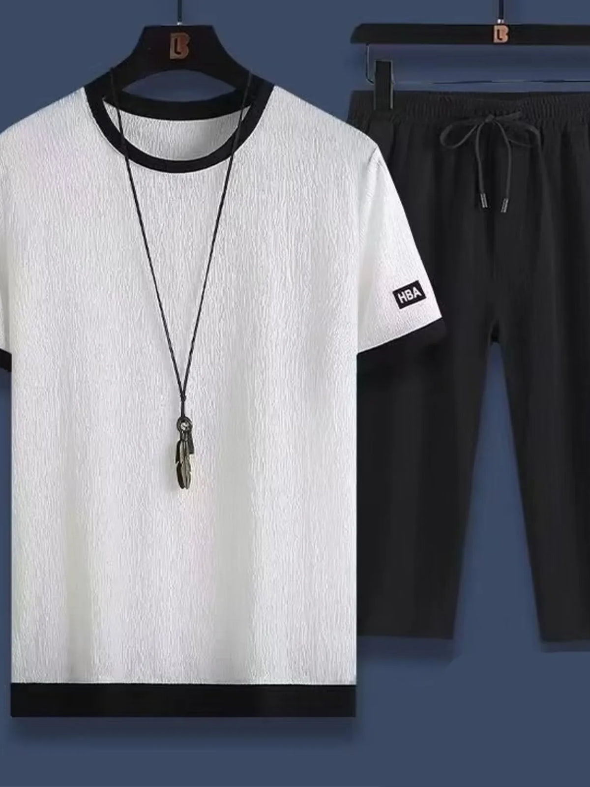 Men's Plus Size Round Neck Short Sleeve Top and Shorts Set in White