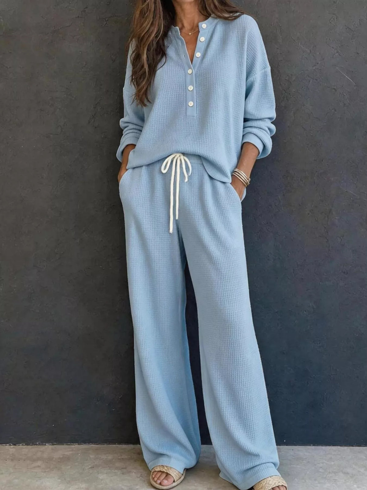 Waffle Knit Henley Top and Wide Leg Pants Set - Lilixa.store