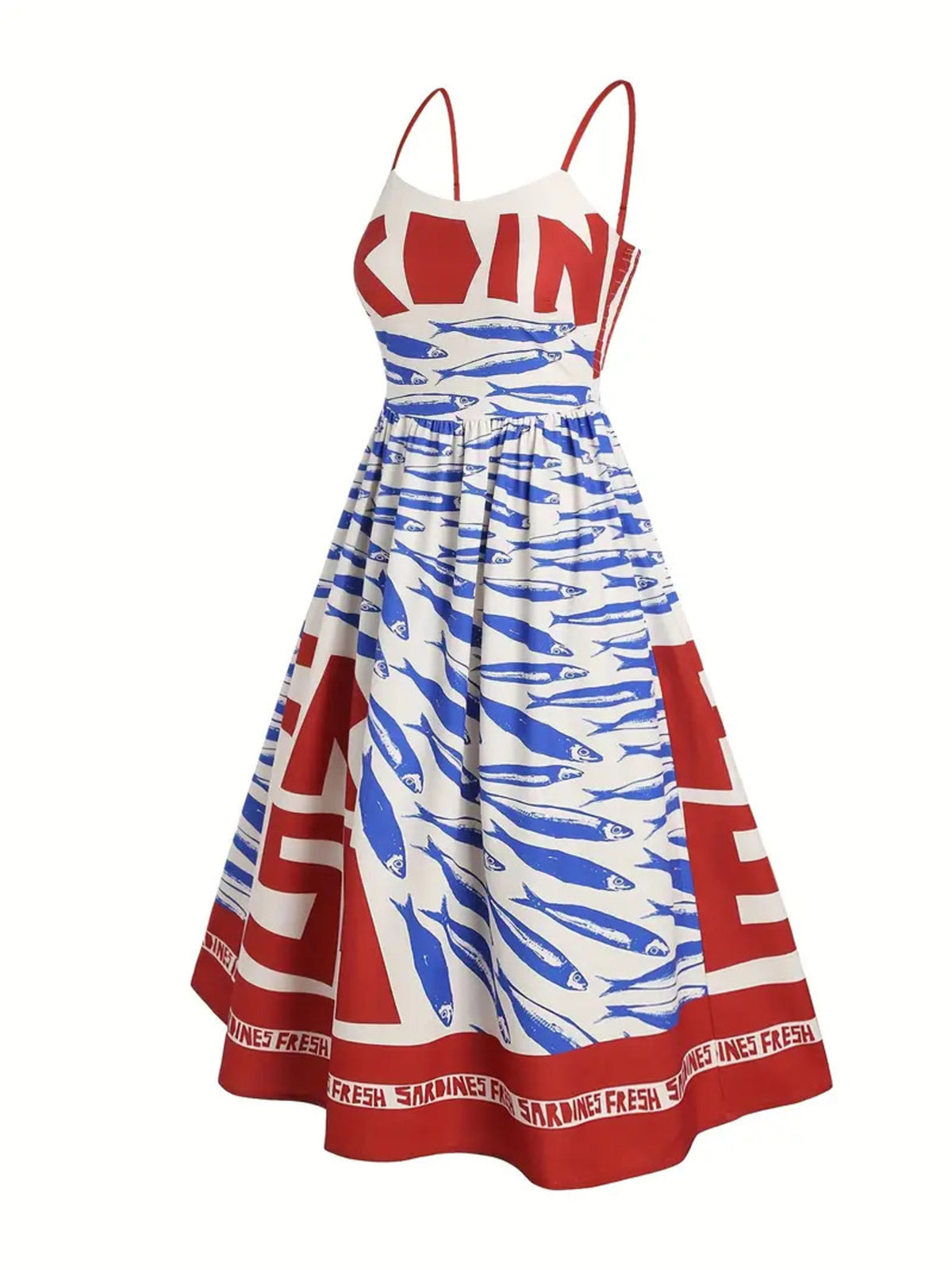 Sardine Print Spaghetti Strap Midi Dress - Lilixa.store