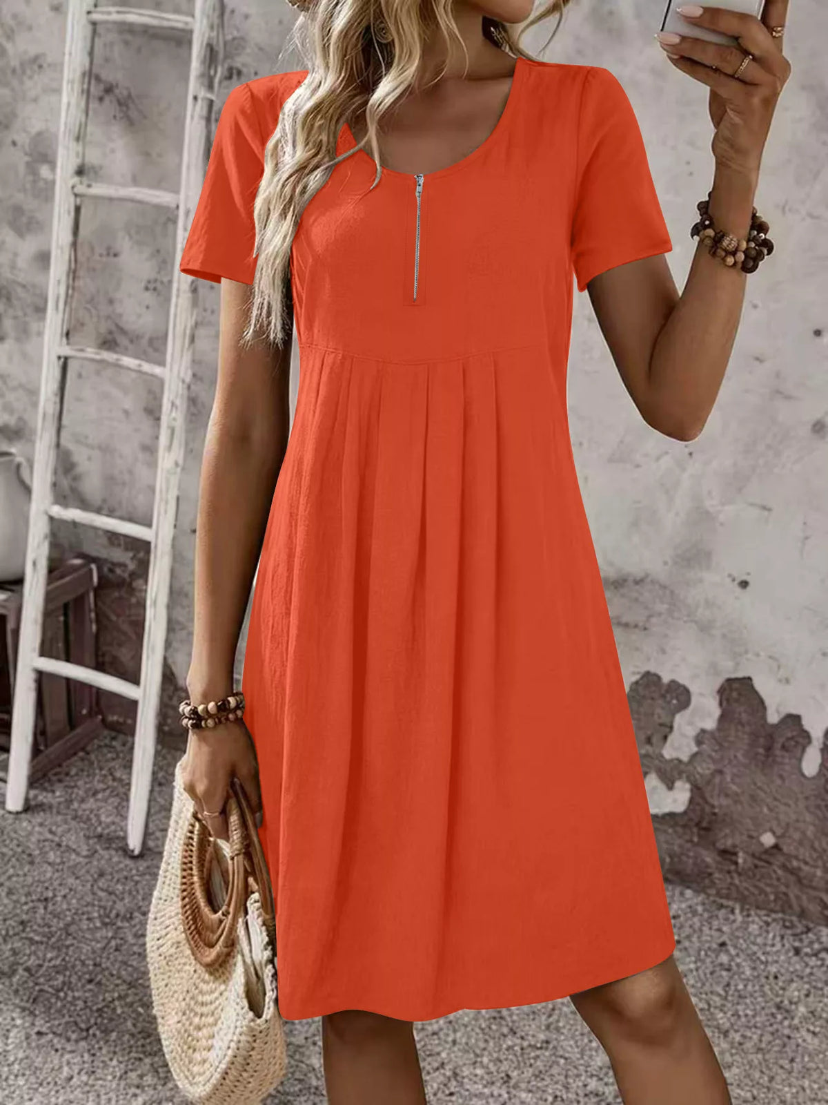 Zipper-Front Short Sleeve A-Line Dress - Lilixa.store