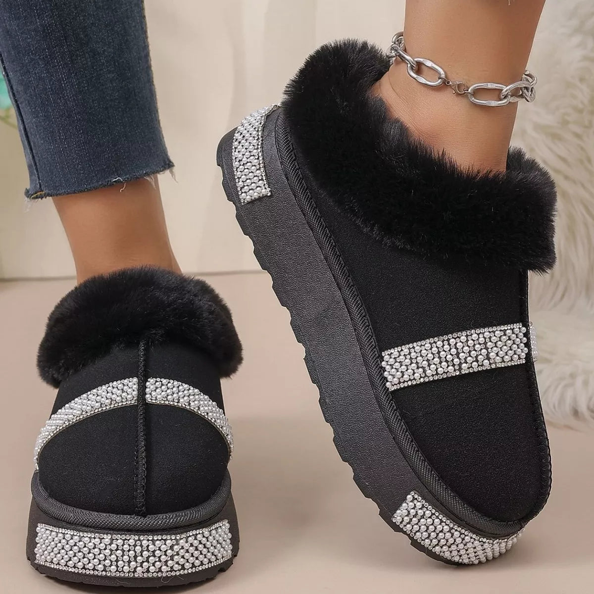 Rhinestone Embellished Faux Fur Lined Platform Boots - Lilixa.store