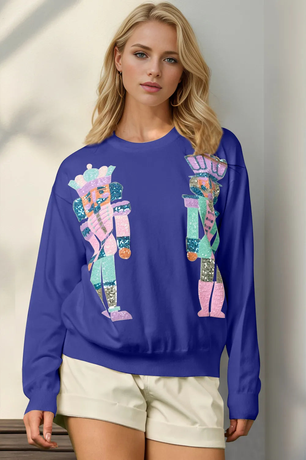 Double Take Full Size Sequin Nutcracker Long Sleeve Sweater in Royal Blue