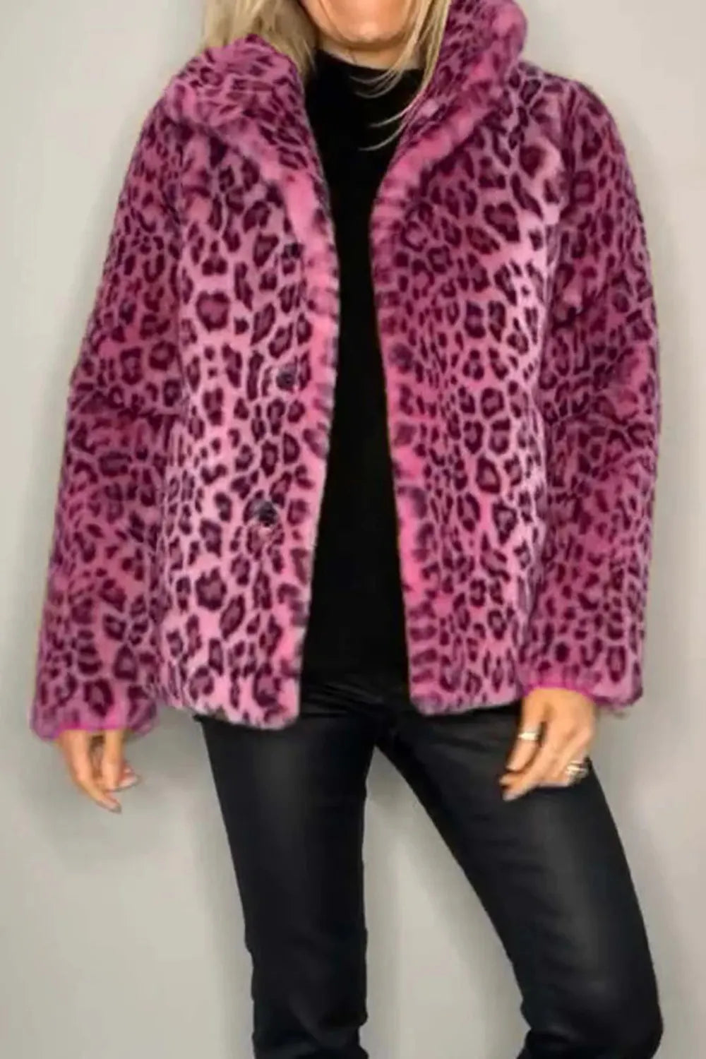 Full Size Leopard Furry Collared Neck Long Sleeve Coat in Cerise