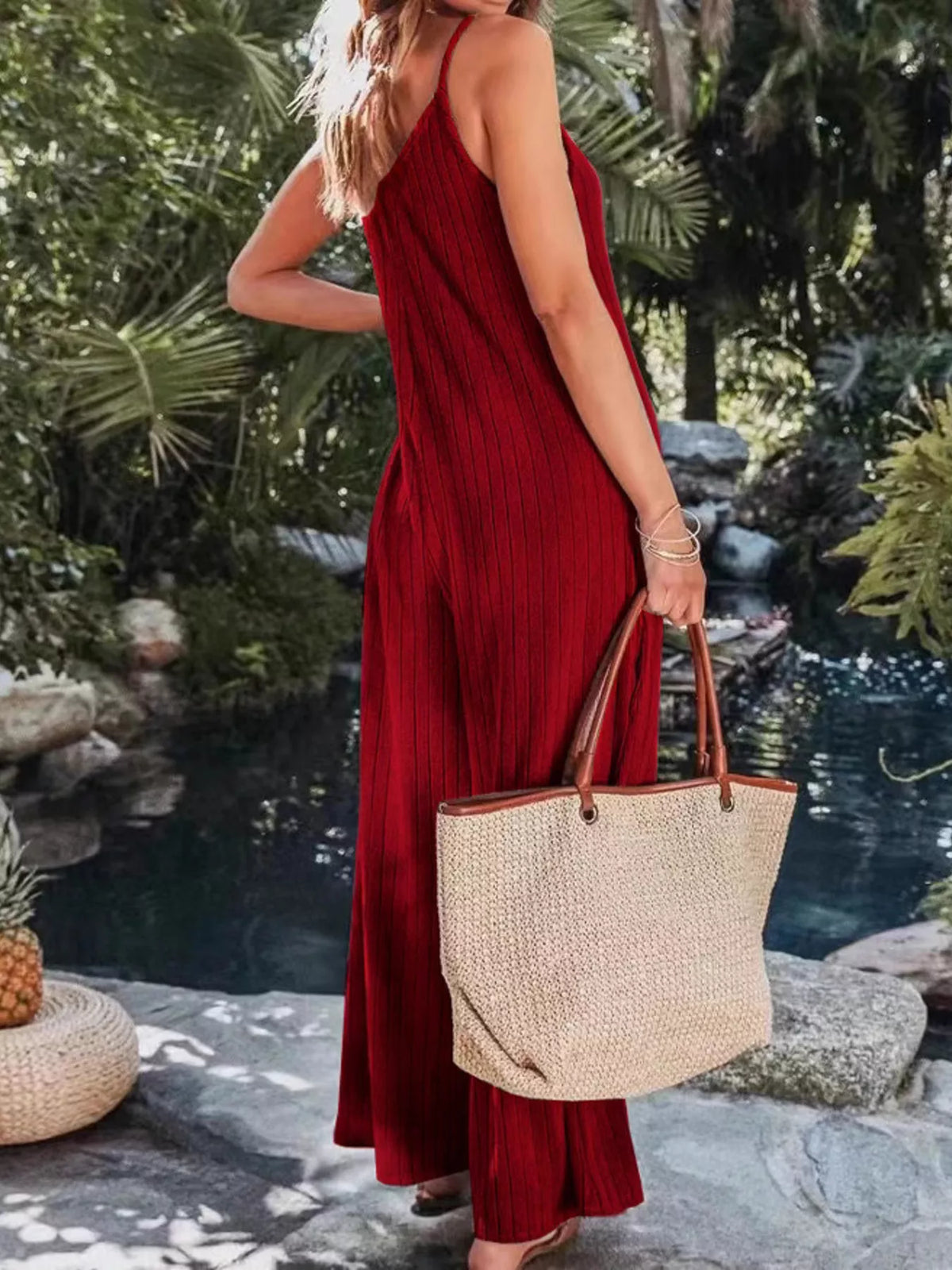 Ribbed V-Neck Wide Leg Jumpsuit - Lilixa.store