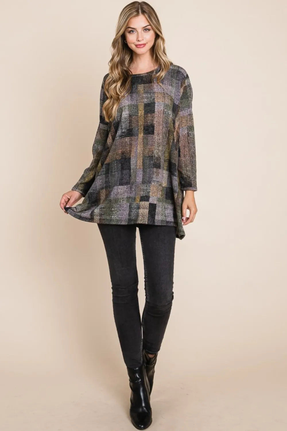 BOMBOM Plaid Round Neck Long Sleeve Top - Lilixa.store