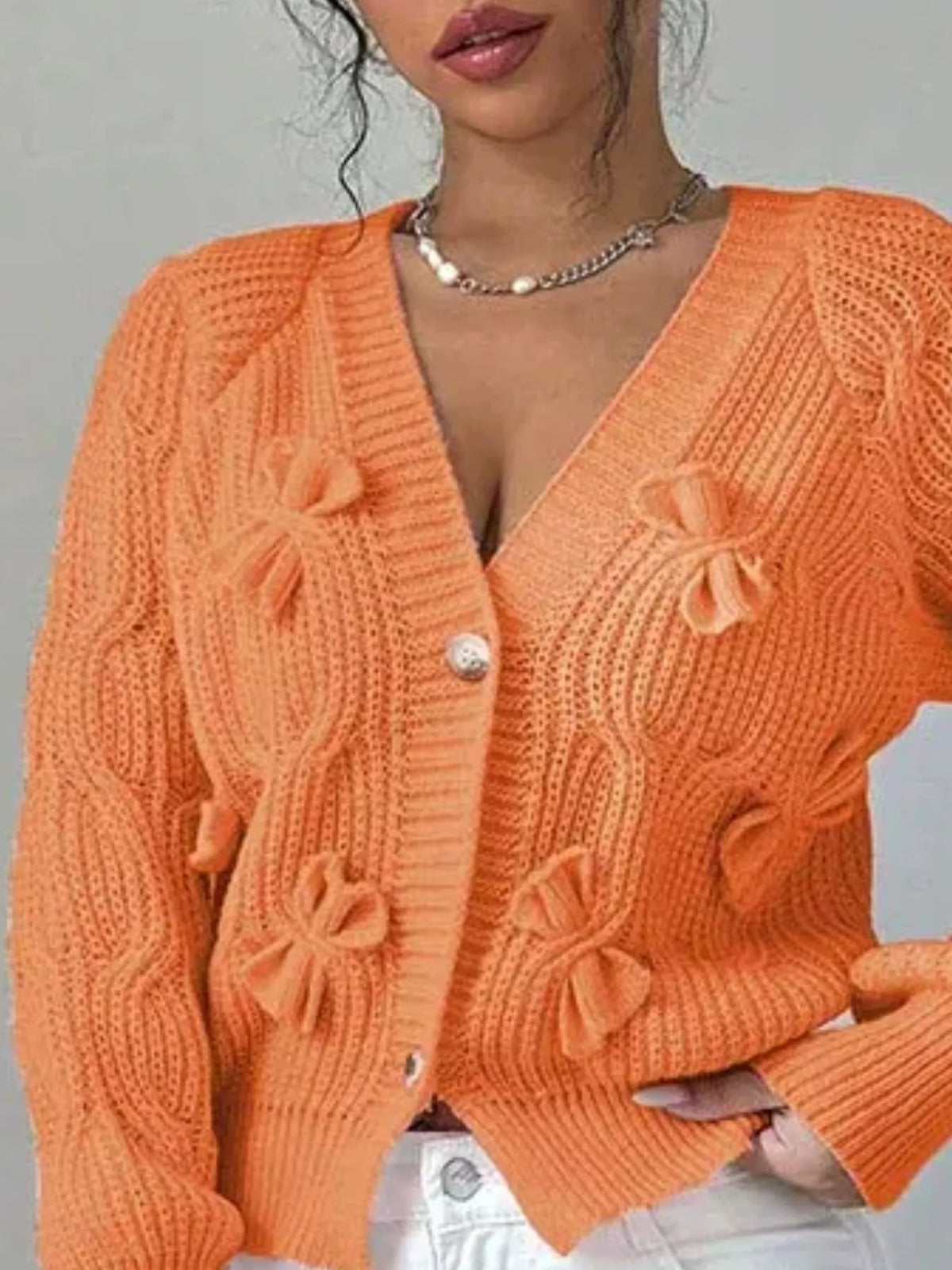 Bow Cable Knit V-Neck Cardigan - Lilixa.store