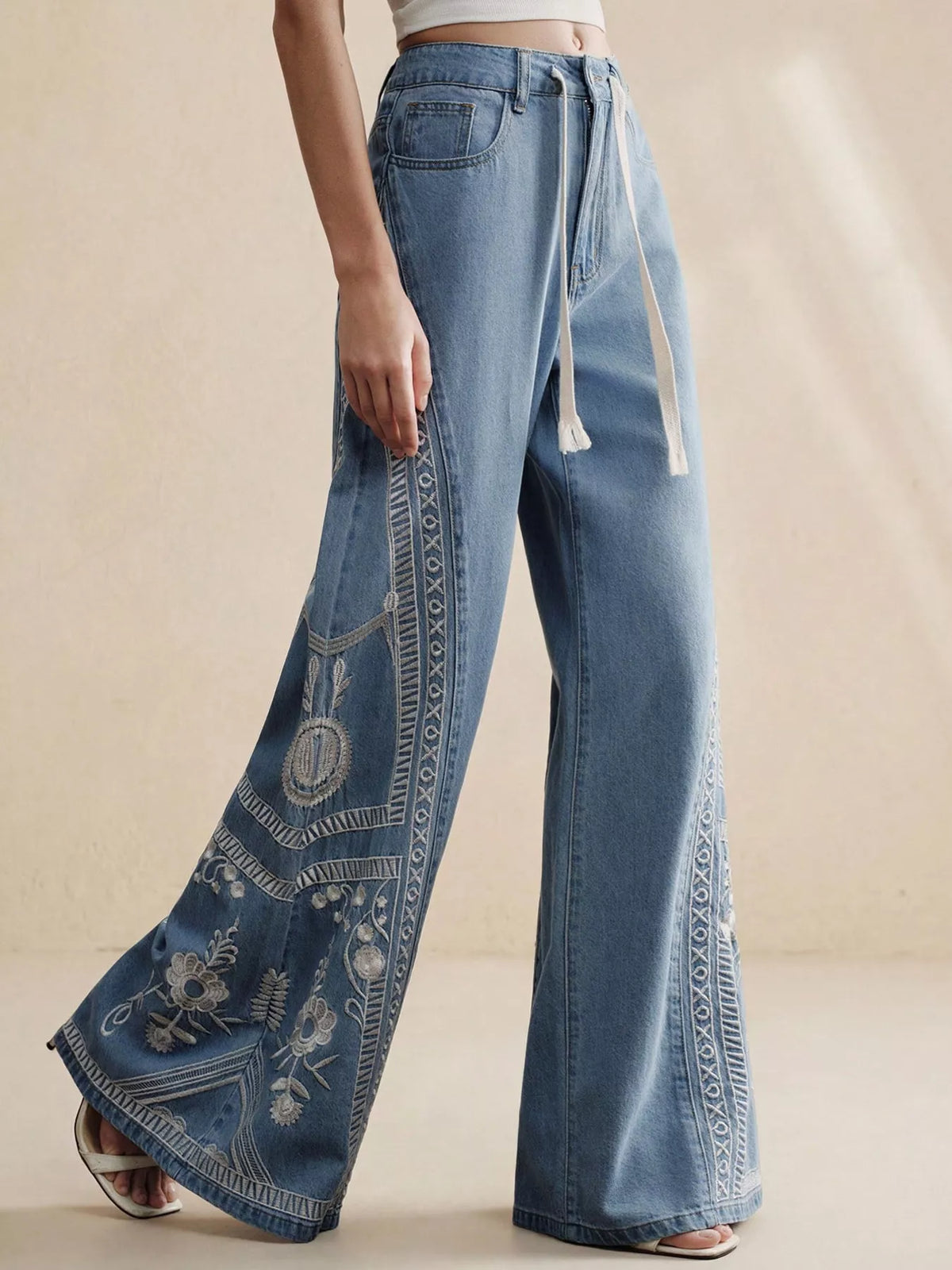 Embroidered Wide-Leg Drawstring Jeans - Lilixa.store