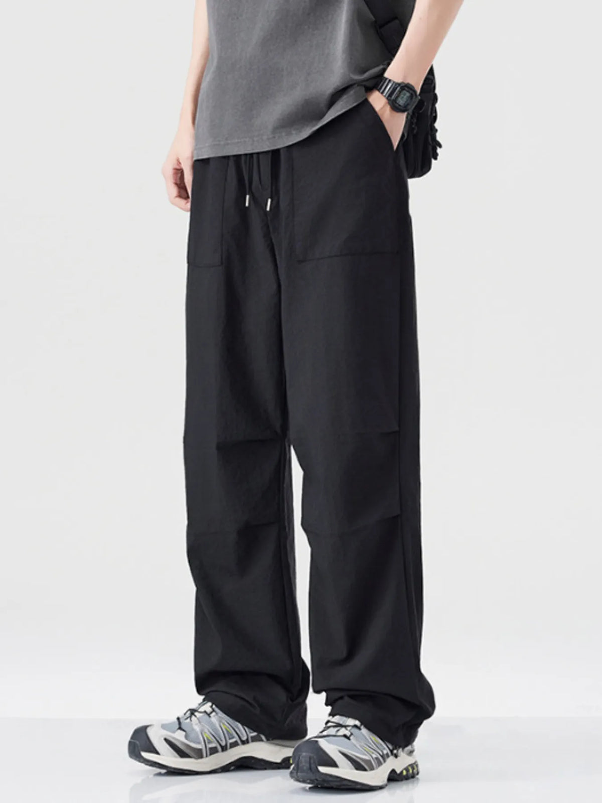 Men's Drawstring Wide Leg Pants in Black