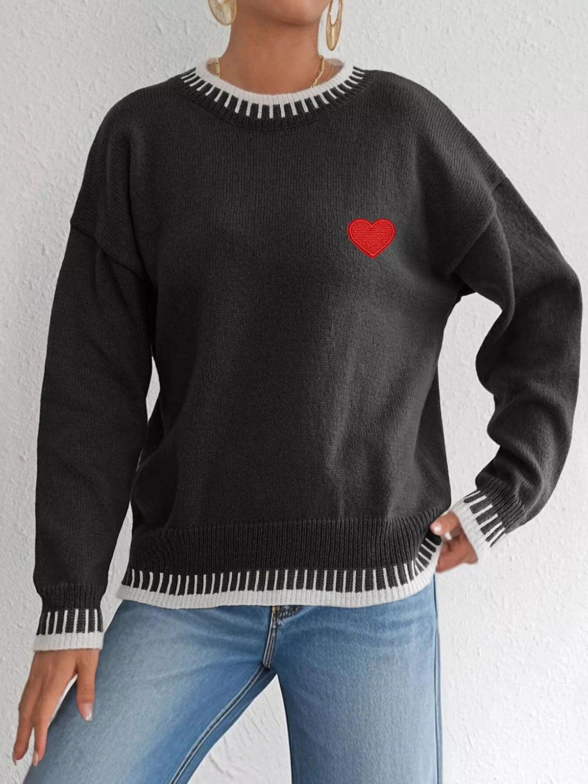 Heart-Embroidered Contrast Trim Sweater, view 6