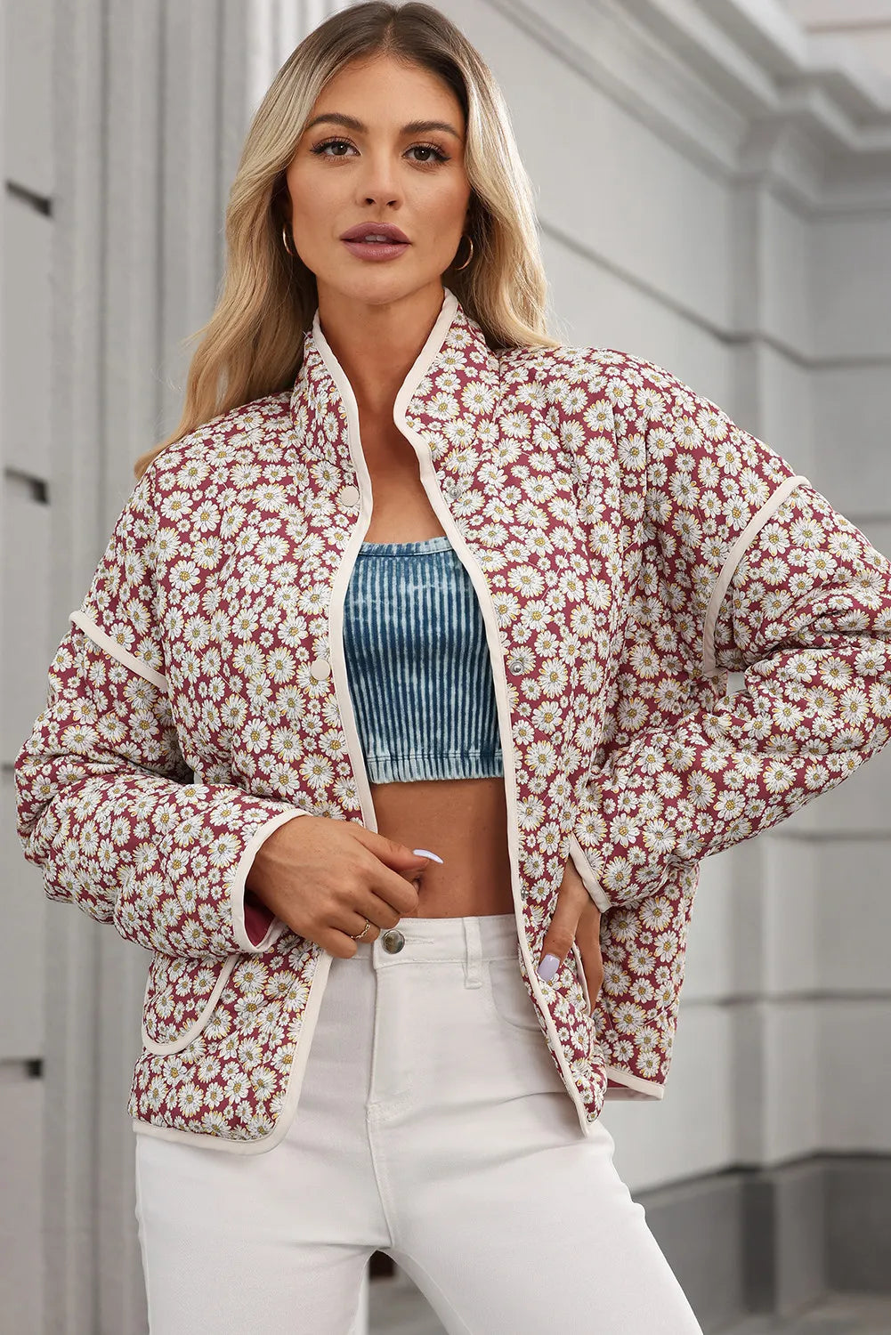 Floral Snap Down Mock Neck Coat - Lilixa.store