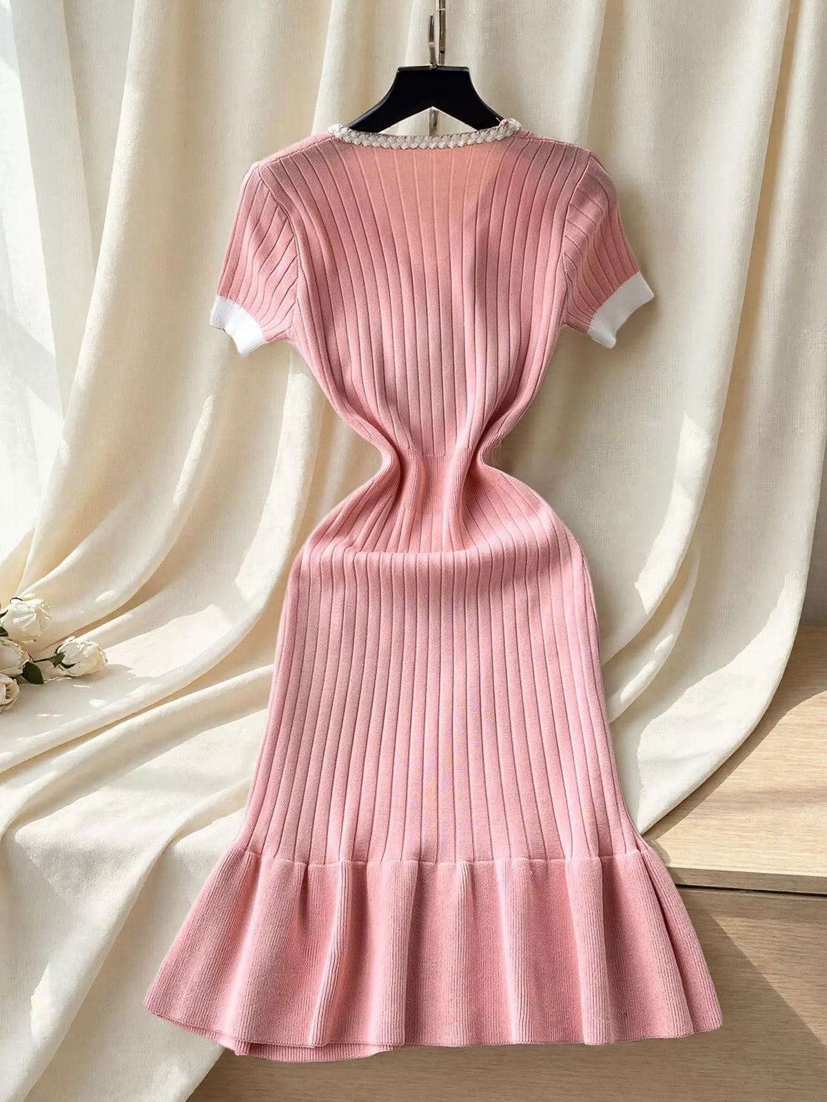 Ruffled Hem V-Neck Ribbed Knit Dress - Lilixa.store