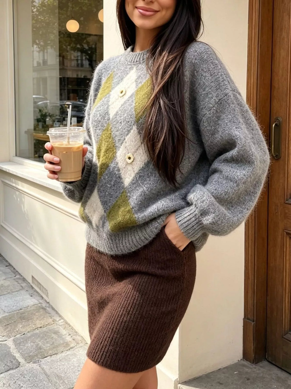 Argyle Pattern Raglan Sleeve Sweater, view 8