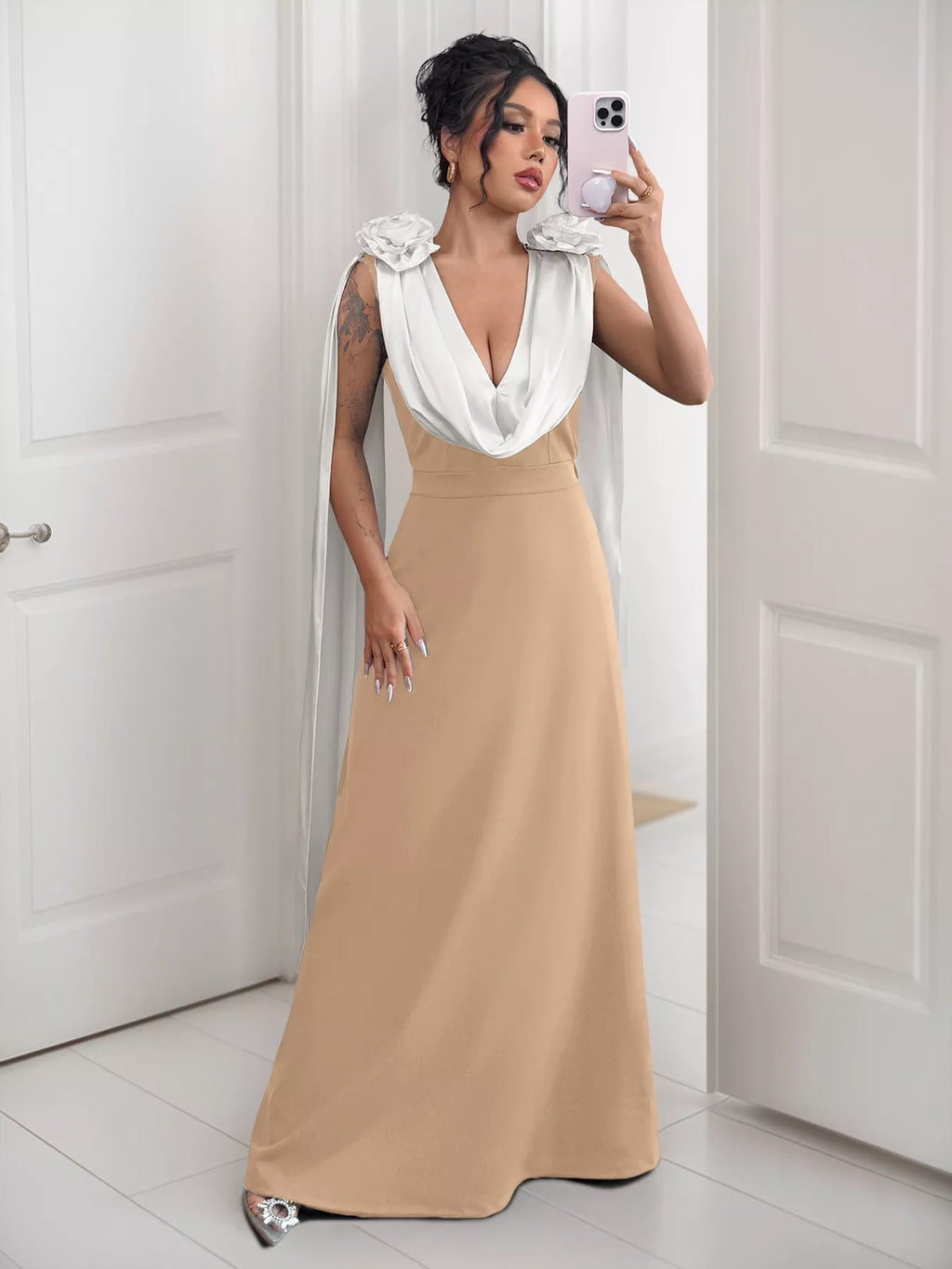 Floral Applique Two Tone Maxi Dress - Lilixa.store
