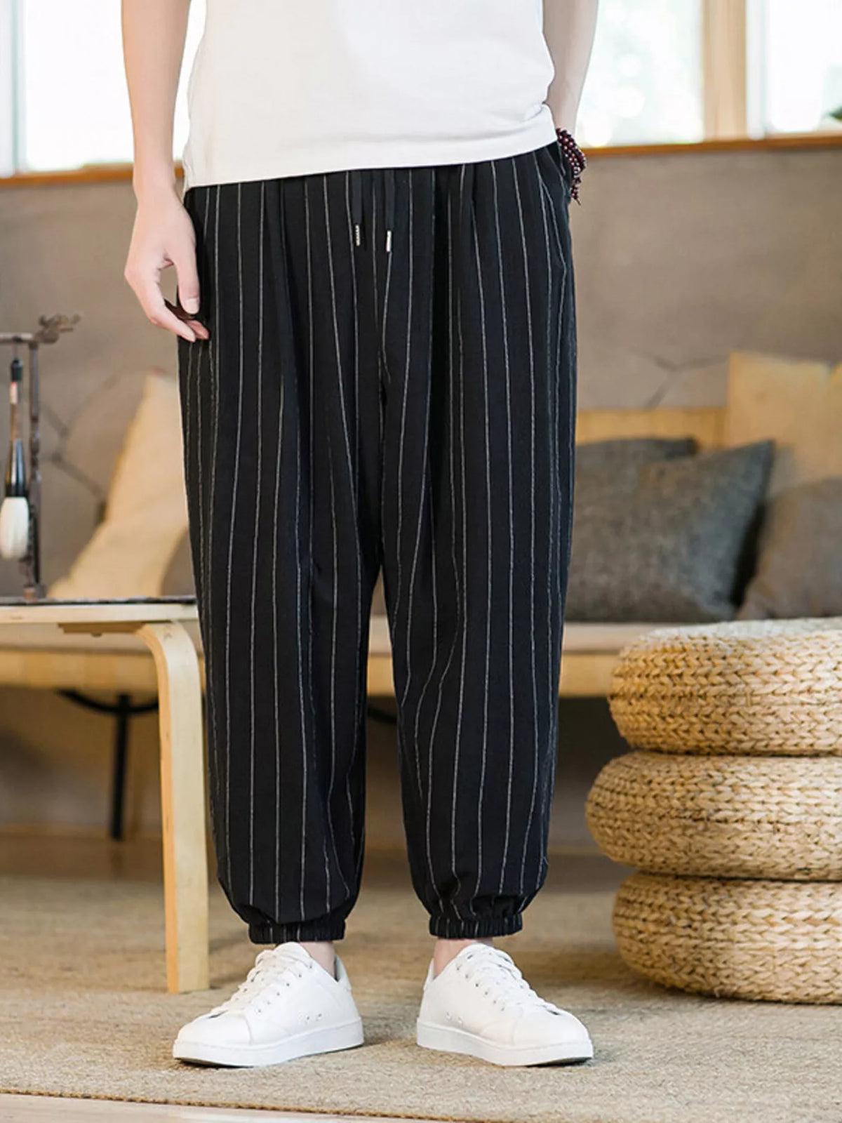Men's Plus Size Striped Harem Pants in Black