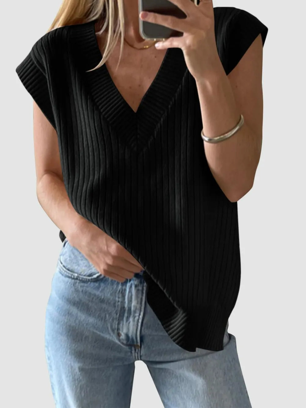 Mandy Ribbed V-Neck Sweater Vest, view 7