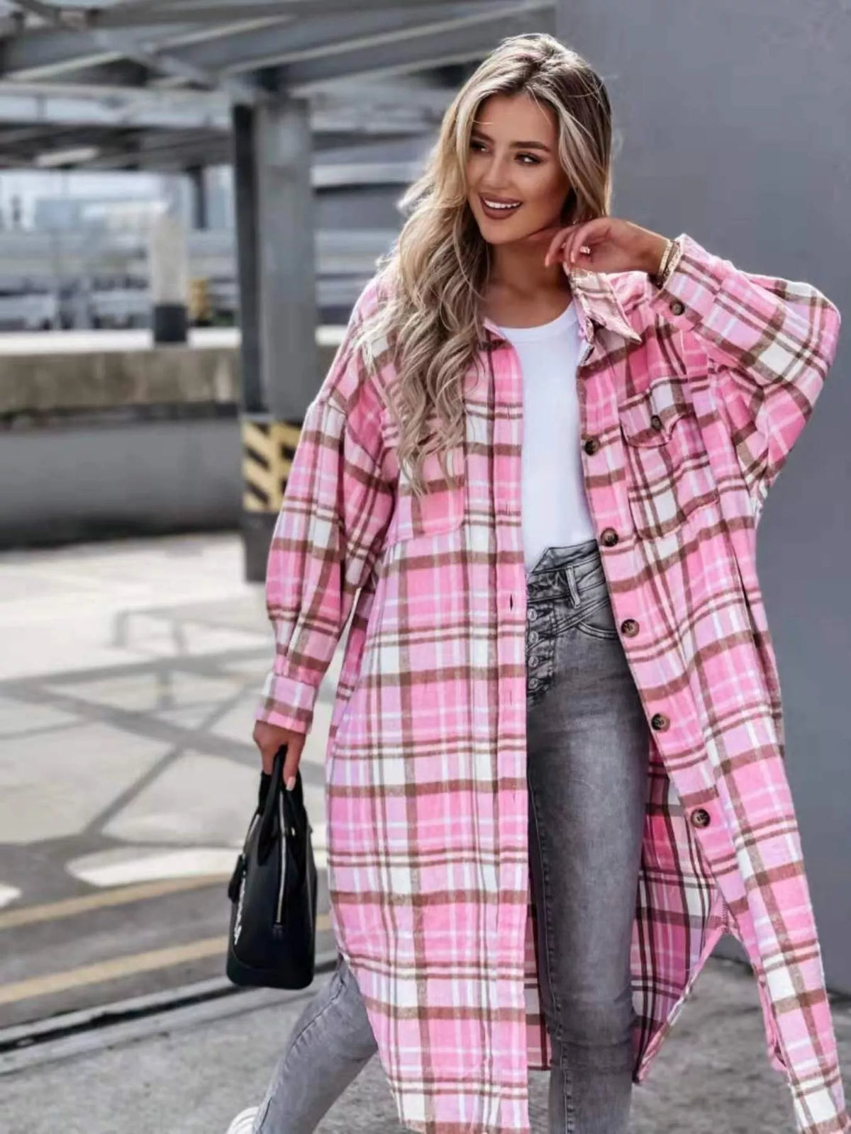 Plaid Button Up Longline Shacket, view 2