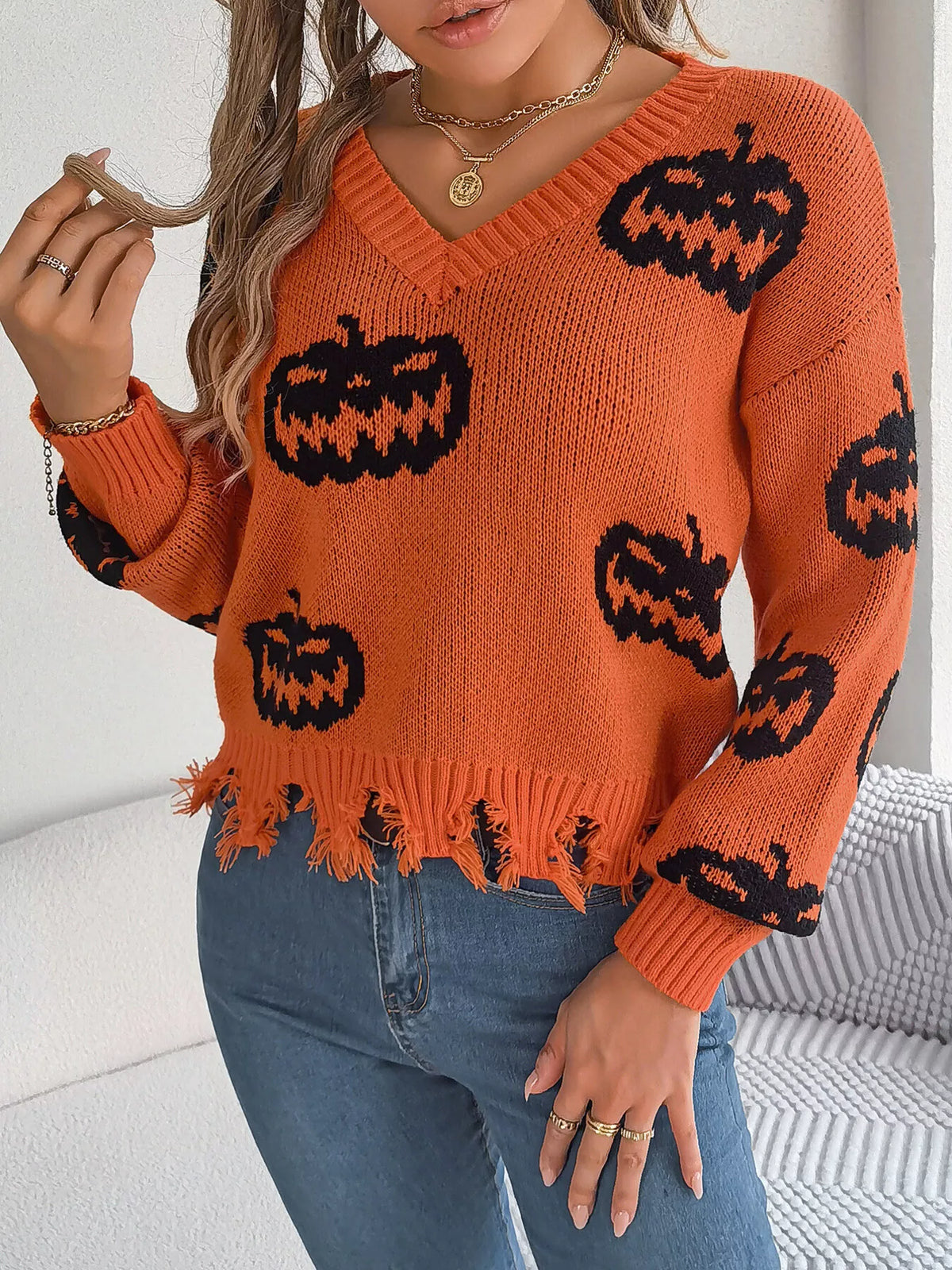 Pumpkin Distressed Hem Sweater