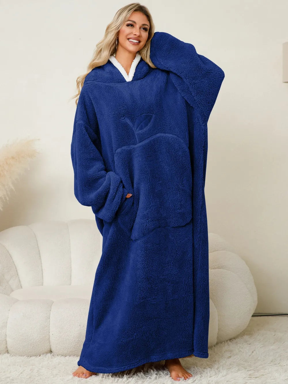 Pocketed Contrast Long Sleeve Hooded Lounge Dress in Navy