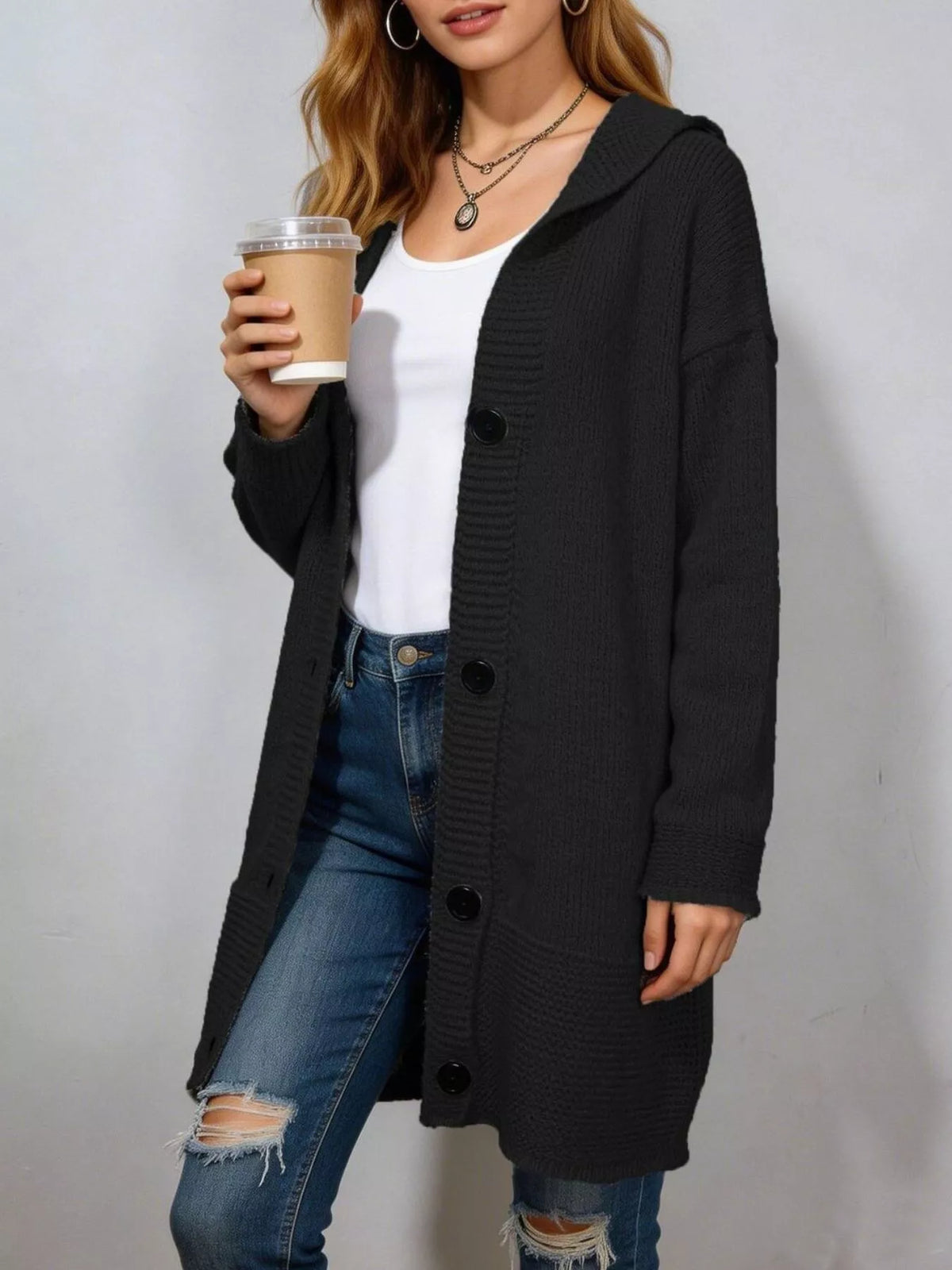 Full Size Casual Hooded Button-Down Knit Cardigan Plus Size - Lilixa.store