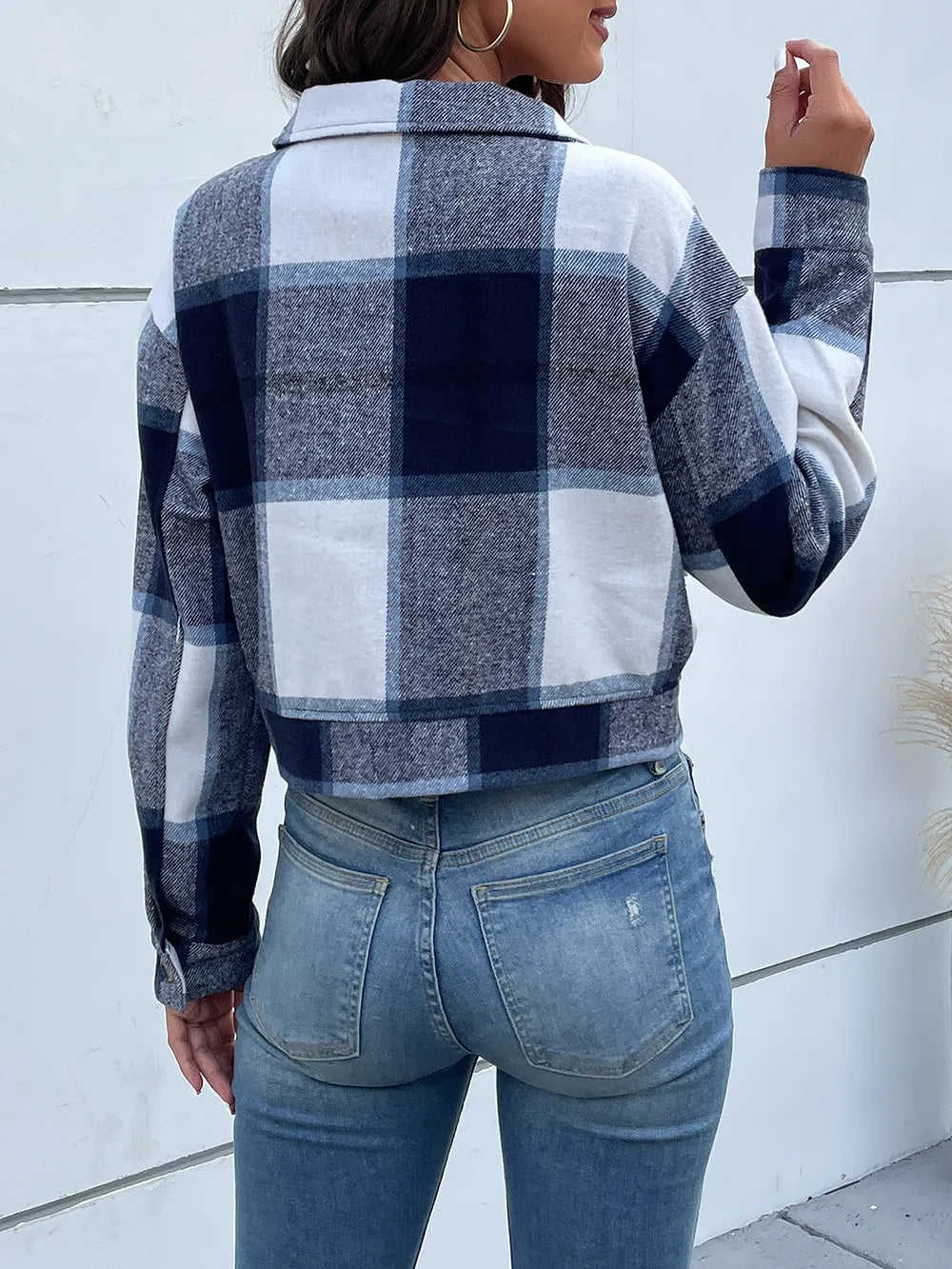 Perfee Plaid Button Up Drop Shoulder Cropped Jacket, view 17